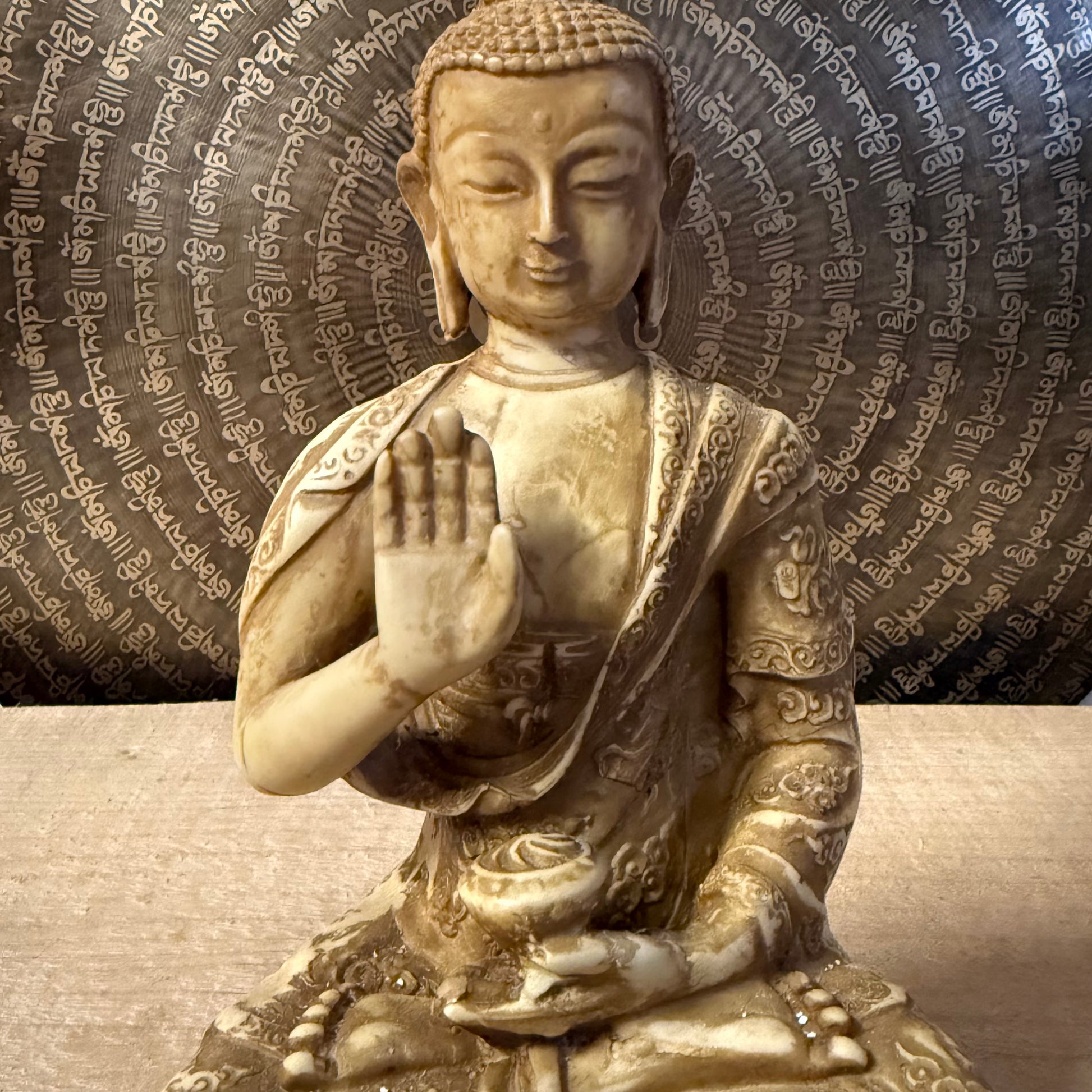Handcrafted Amogasiddhi Buddha statue from Nepal, 19cm, symbol of protection and fearlessness