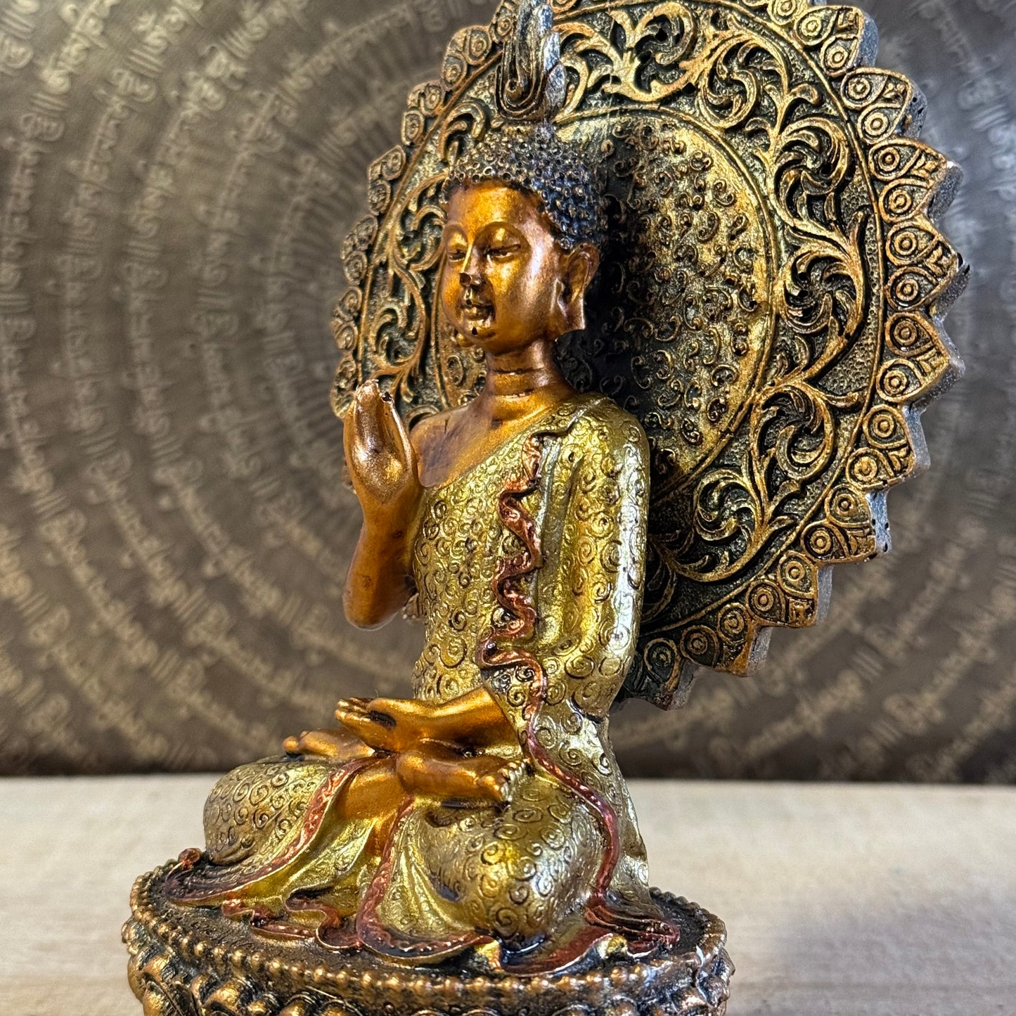 Buddha of Reassurance statue 18.5 cm with Abhaya Mudra, halo, and throne.