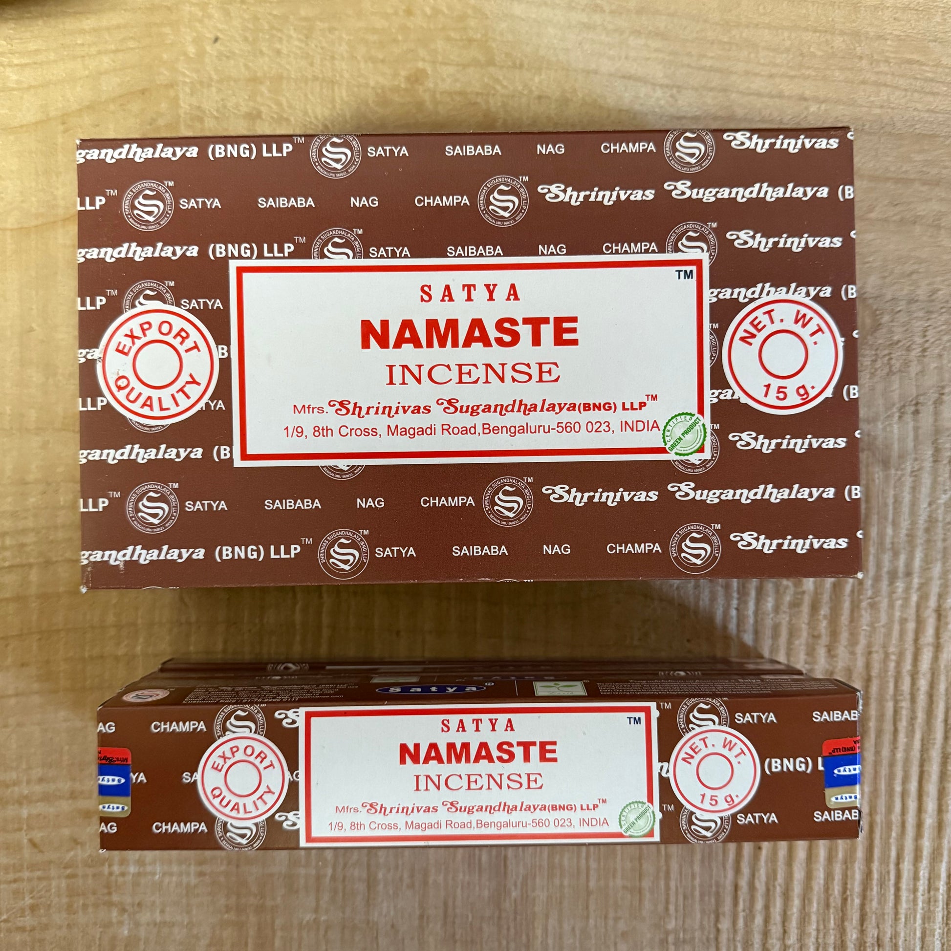 Satya Namaste Incense with a traditional sandalwood base and floral oils. Hand-rolled in India, ideal for meditation, rituals, and home fragrance.