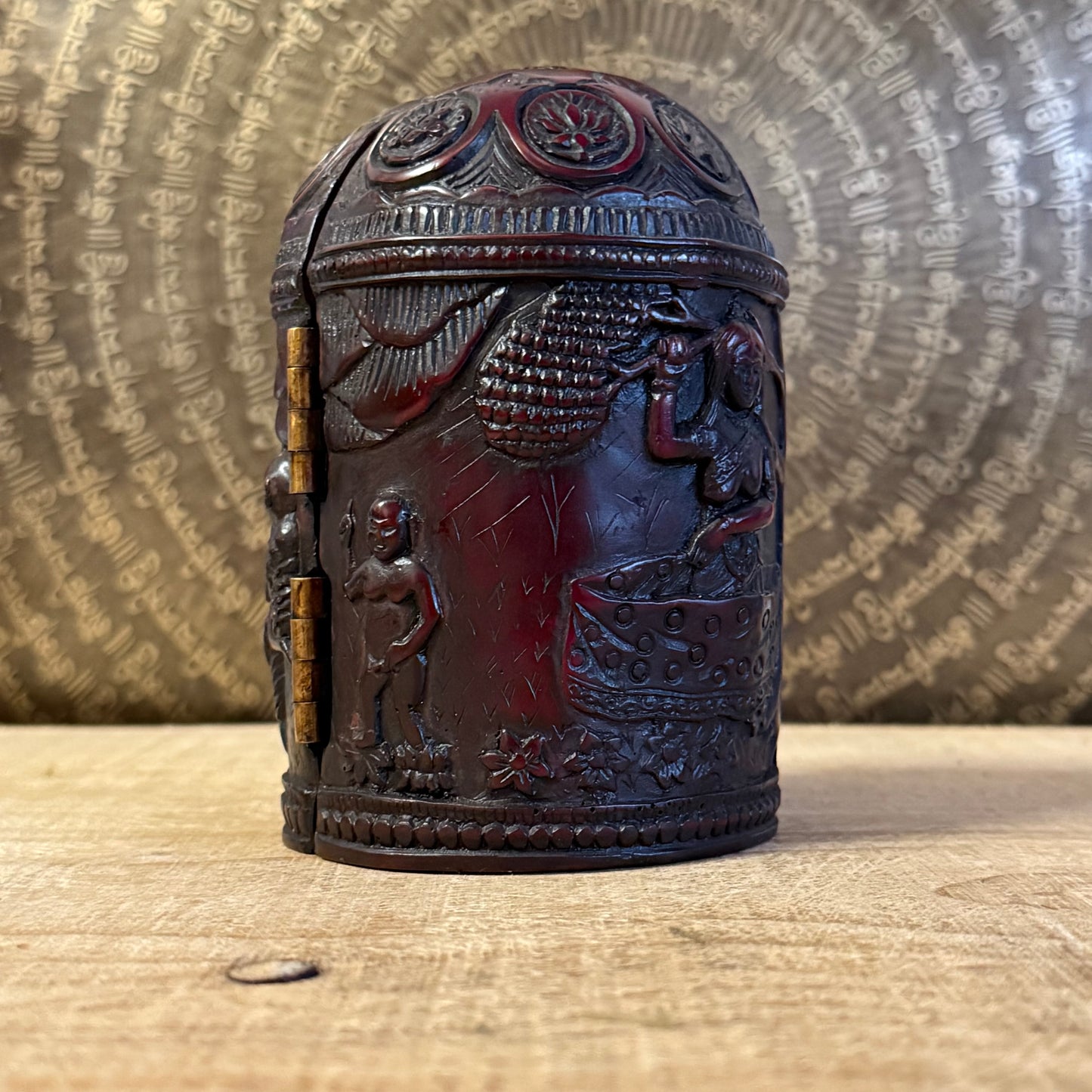 Handmade Buddhist folding altar Buddha Life Box. A Tibetan-style portable shrine depicting the life of the Buddha for meditation and ritual use.