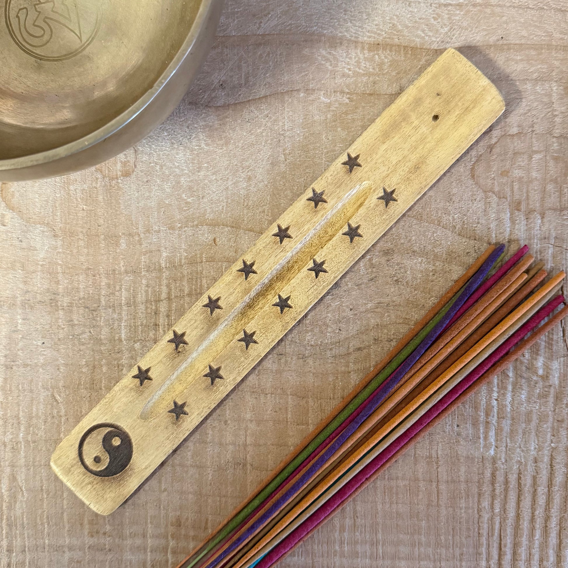 Natural mango wood incense stick holder with hand carved Yin Yang design 26cm