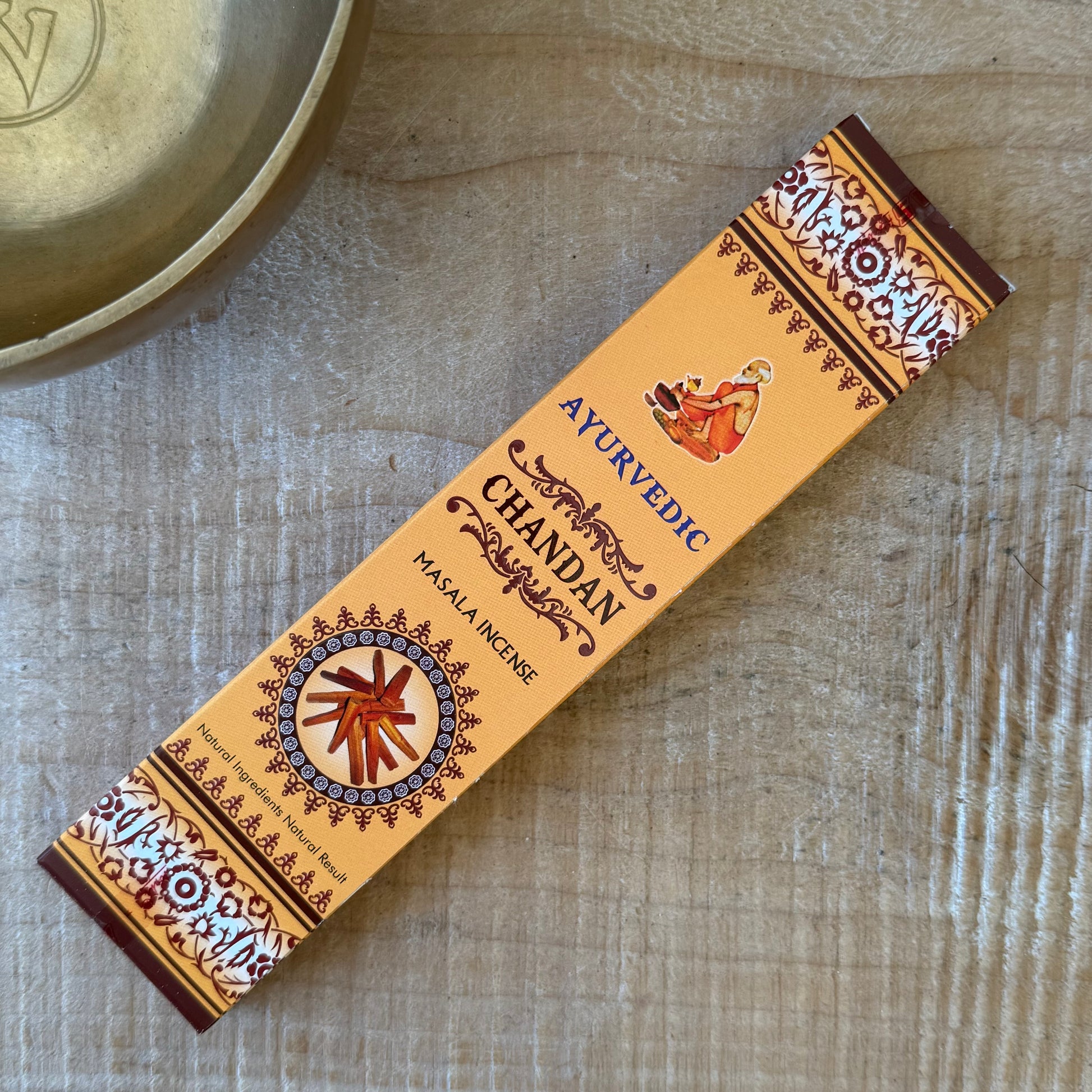 Ayurvedic Chandan sandalwood incense sticks. Natural masala incense for meditation, yoga, cleansing, and creating a calm, balanced atmosphere.