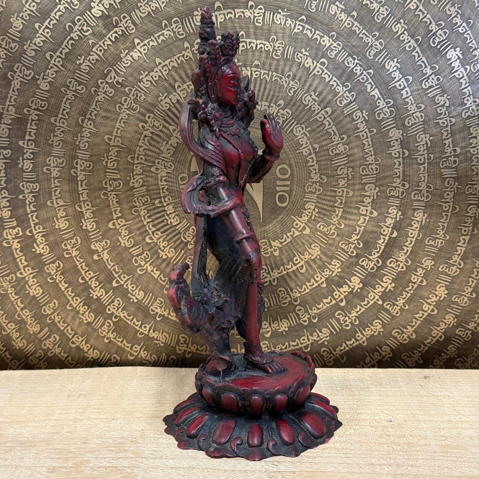 Standing Green Tara Buddha Resin Statue, 21cm, handcrafted in Nepal, Bodhisattva of compassion and wisdom.