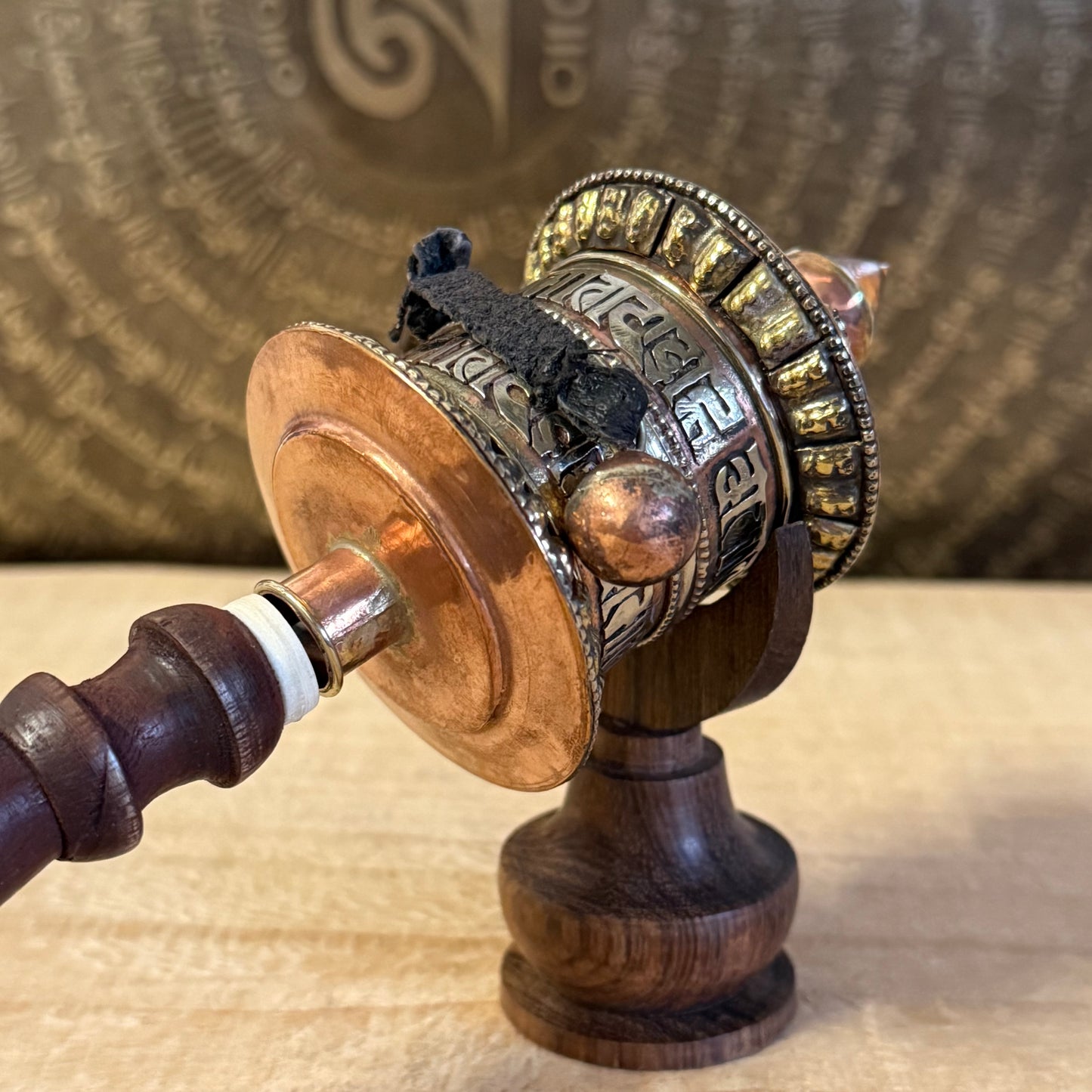 Medium Tibetan Prayer Wheel with Om Mani Padme Hum mantra scroll, hand-held Mani wheel from Nepal