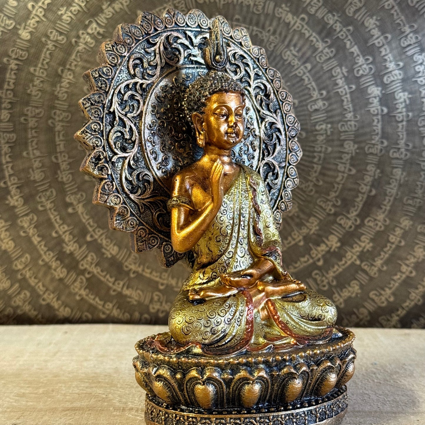Buddha of Reassurance statue 18.5 cm with Abhaya Mudra, halo, and throne.