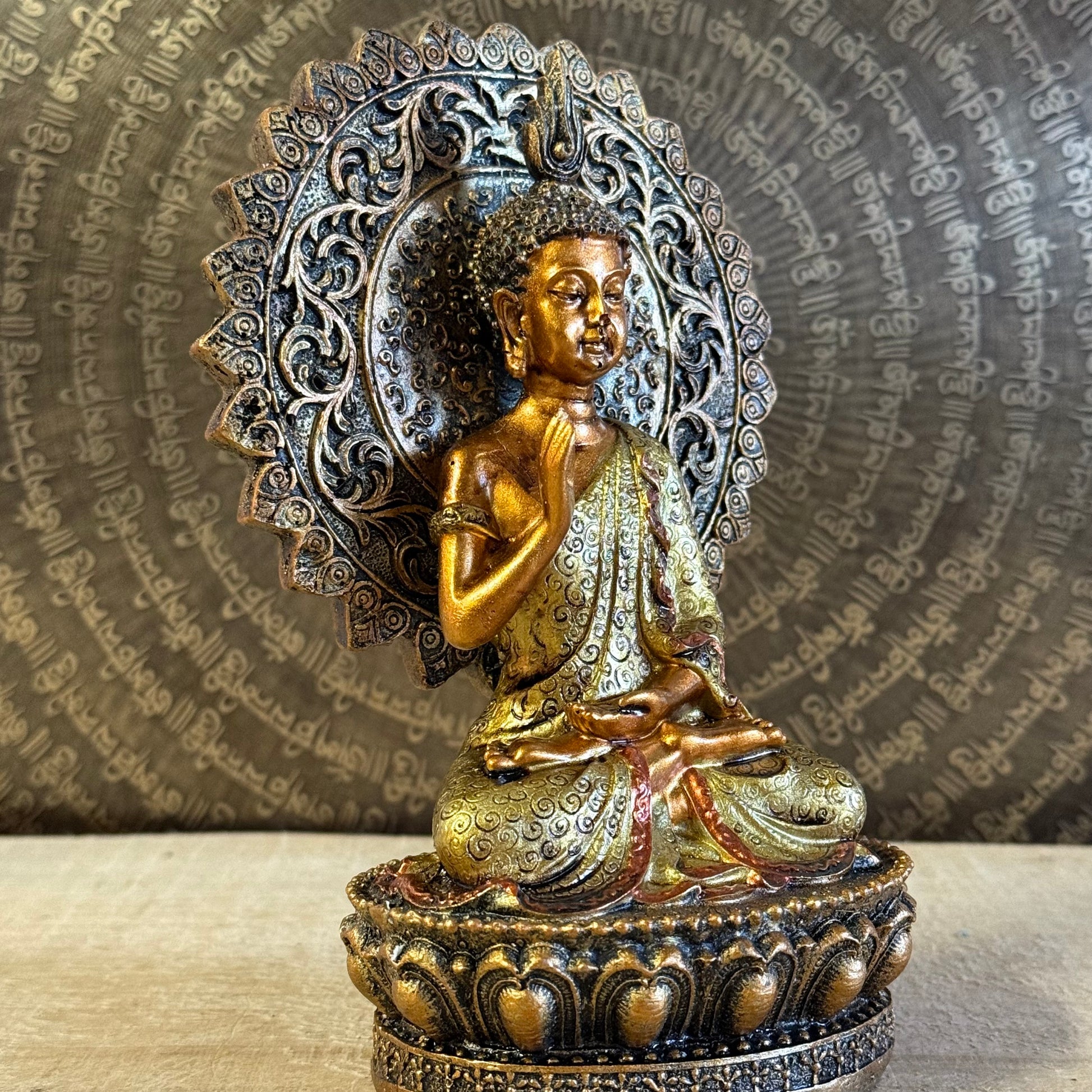 Buddha of Reassurance statue 18.5 cm with Abhaya Mudra, halo, and throne.