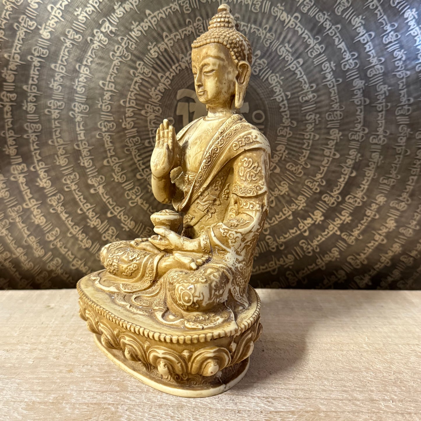 Handcrafted Amogasiddhi Buddha statue from Nepal, 19cm, symbol of protection and fearlessness