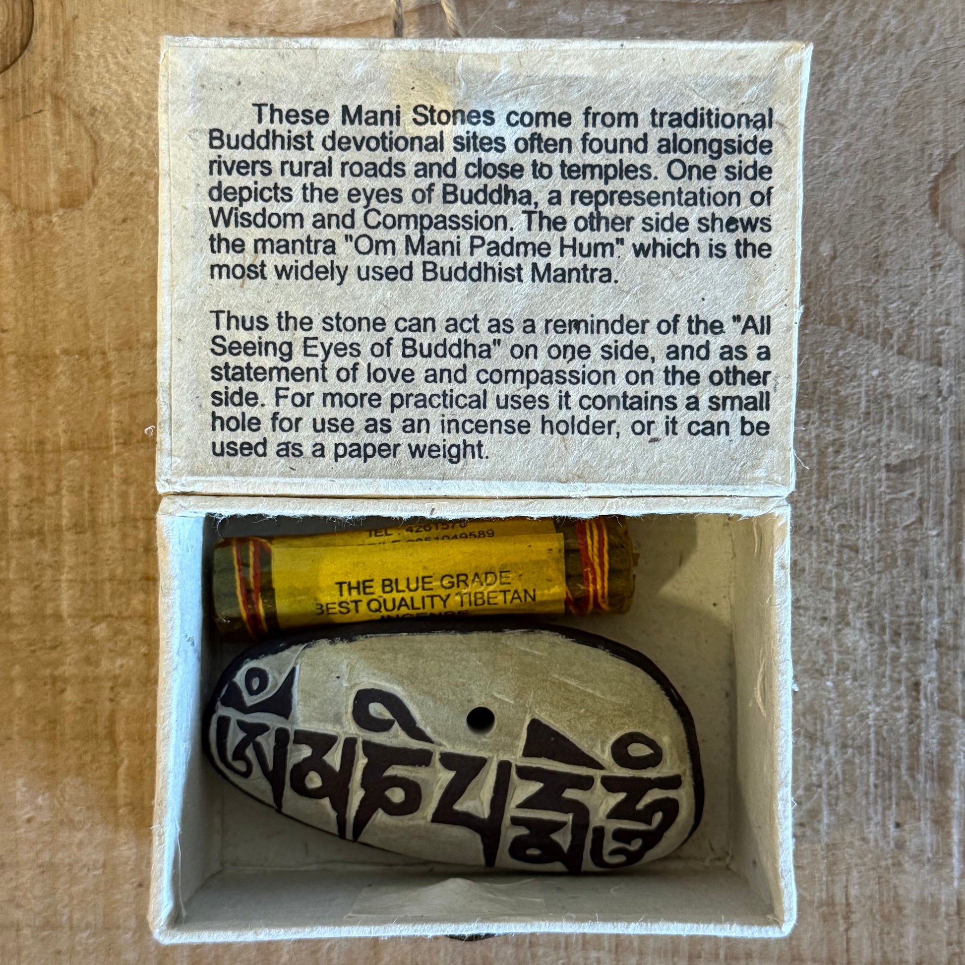 Himalayan Om Mani Mani stone with Buddha Eyes and Om Mani Padme Hum mantra incense holder