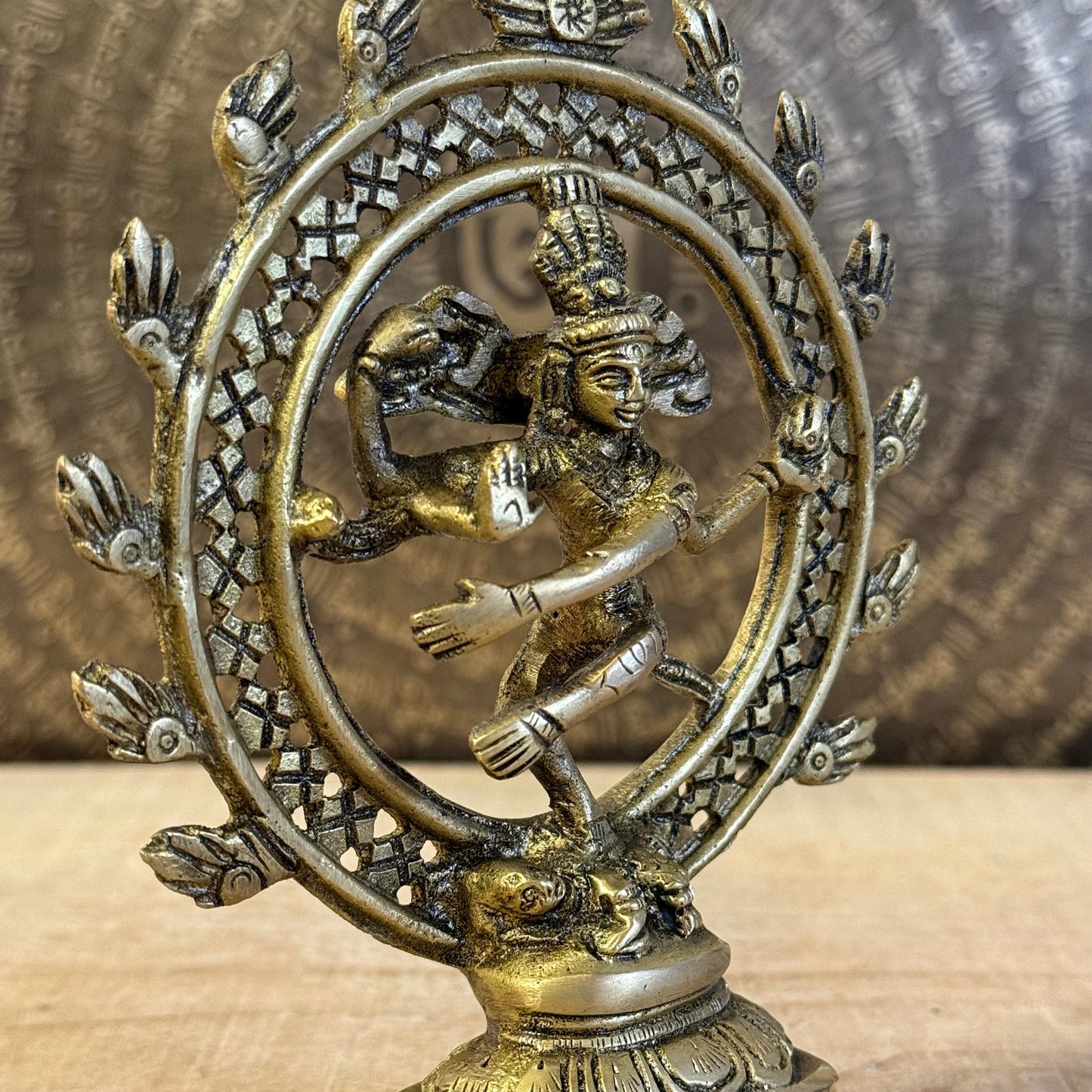 Shiva Nataraj brass statue, 15cm tall, cosmic dancer of creation and renewal.