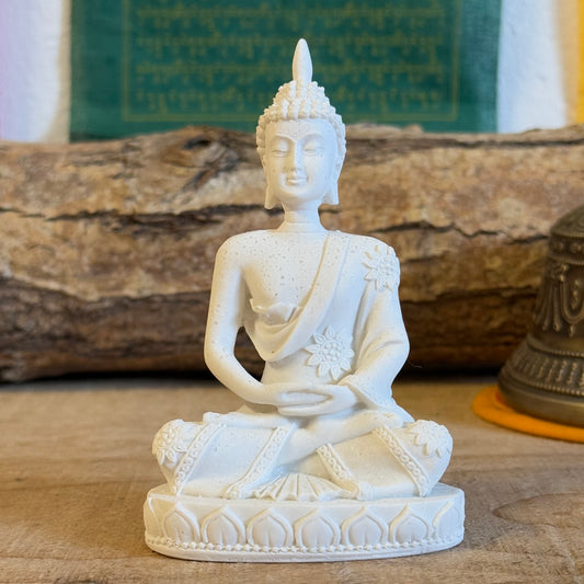 Discover our White Resin Buddha Statue in Dhyana Mudra, embodying meditation and spiritual perfection. Handcrafted with poly resin, this 11x6 cm statue symbolizes enlightenment and the unity of mind and world. Ideal for meditation spaces, altars, or mindful decor."