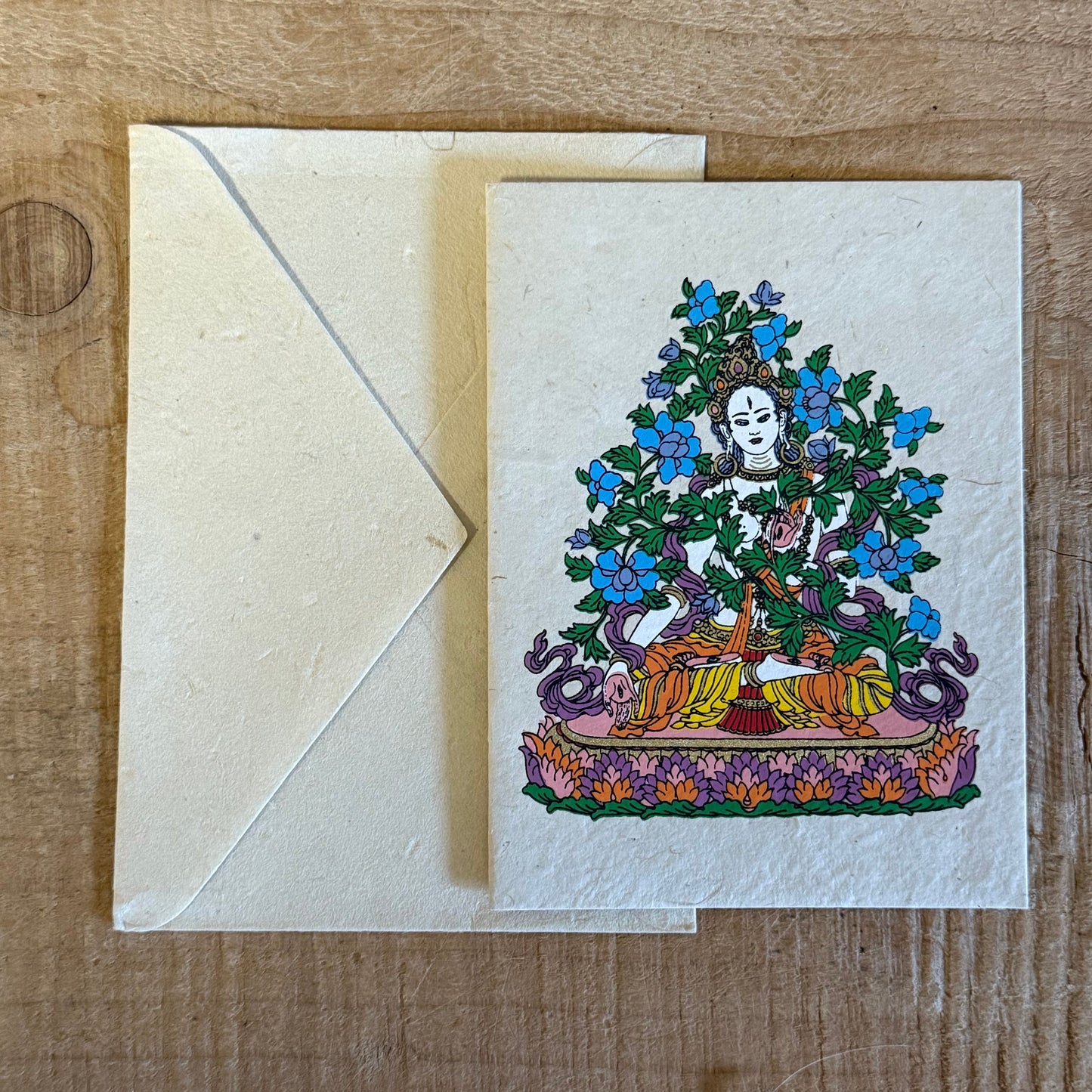 Handmade White Tara Lokta Paper Greetings Card from Nepal. Sustainable, fair trade, and spiritually inspired. Includes envelope. Ideal for sacred gifting.