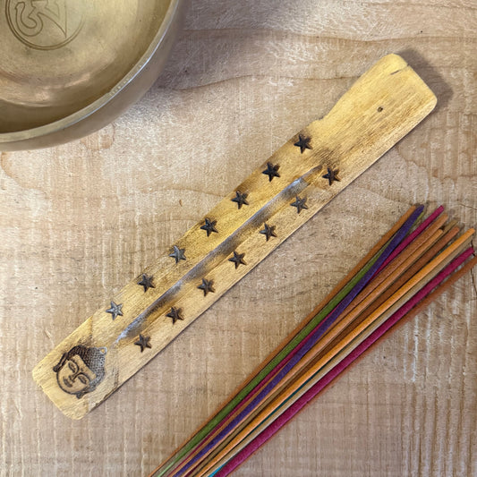 Natural mango wood incense ashcatcher with hand carved Buddha design 26cm