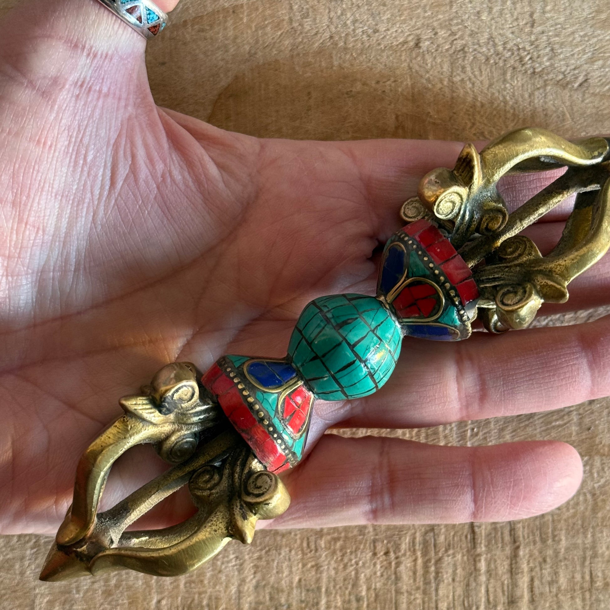 Handmade Flower Dorje vajra in solid brass with turquoise inlay. A sacred Tibetan Buddhist ritual object for altars, shrines, and Vajrayana practice.