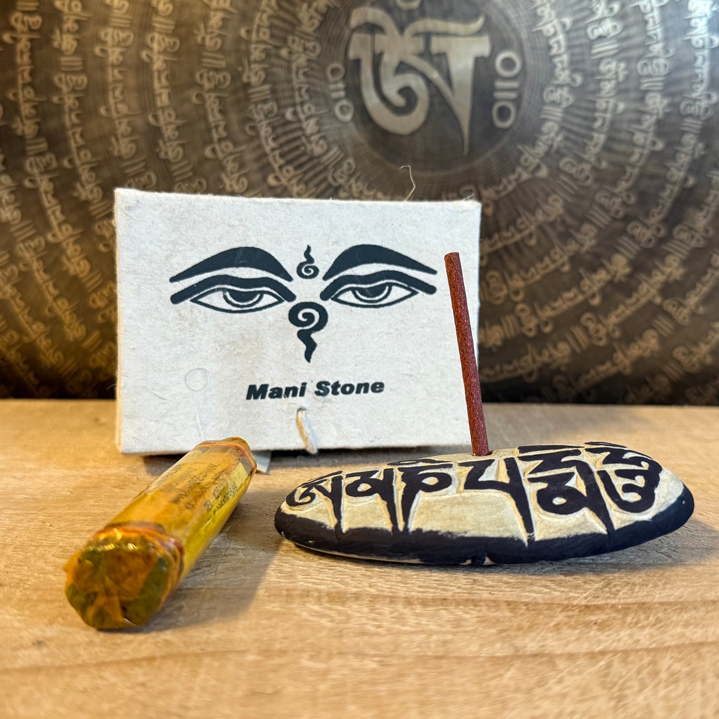 Himalayan Om Mani Mani stone with Buddha Eyes and Om Mani Padme Hum mantra incense holder