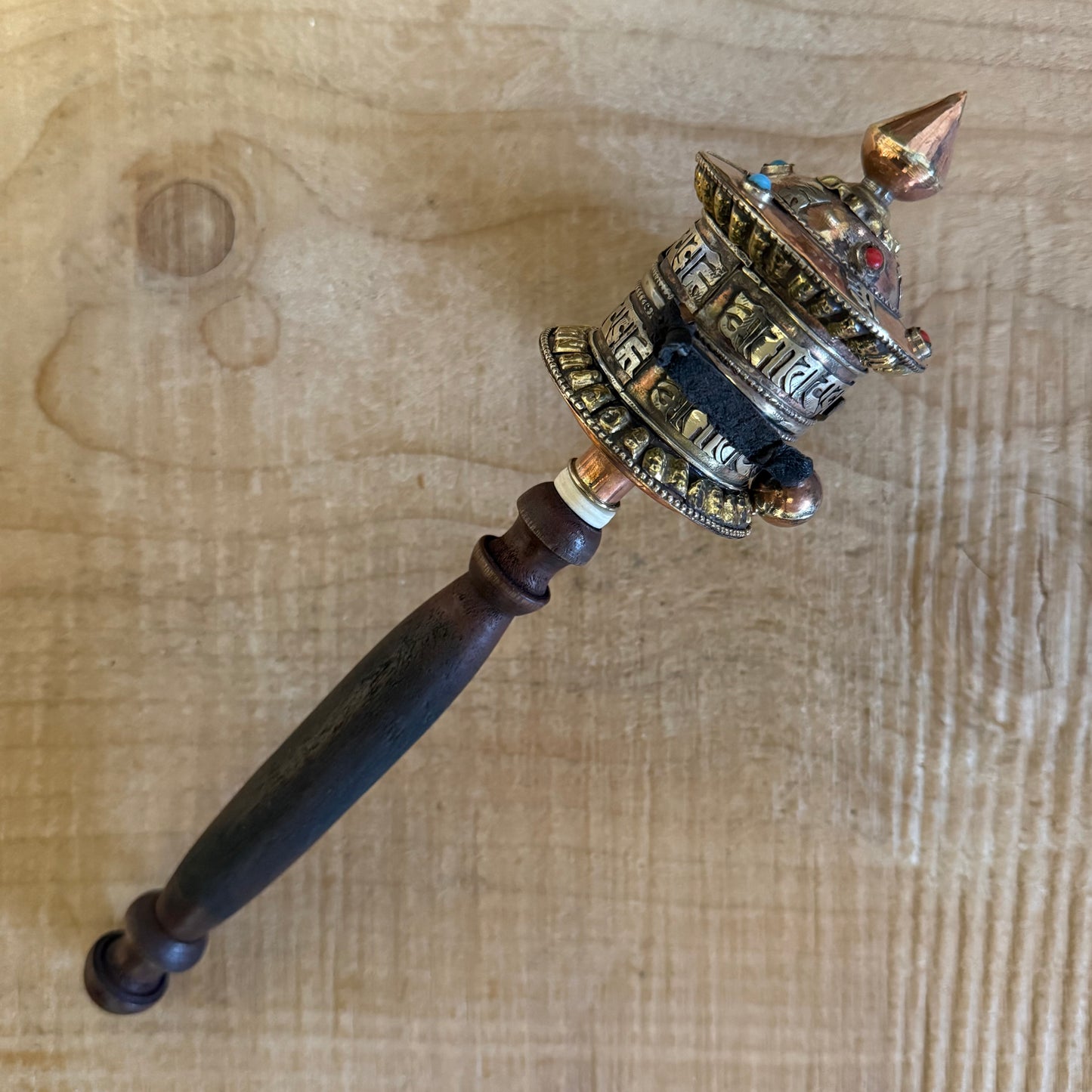 Medium Tibetan Prayer Wheel with Om Mani Padme Hum mantra scroll, hand-held Mani wheel from Nepal