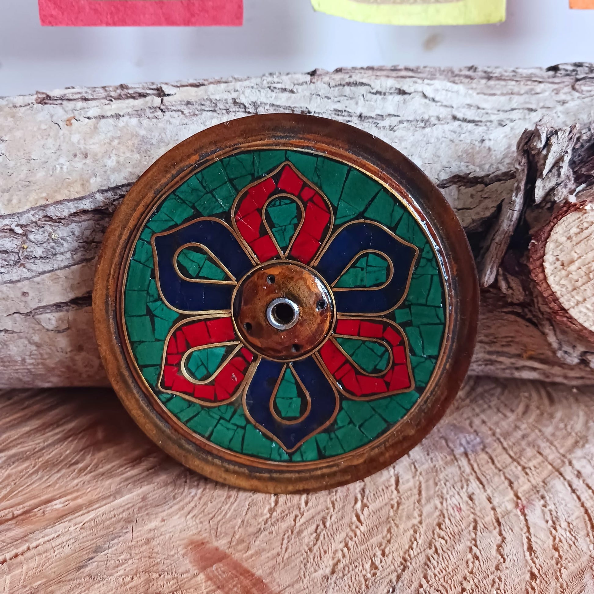 Tibetan Dorje Wood Incense Holder | Stone Inlay
