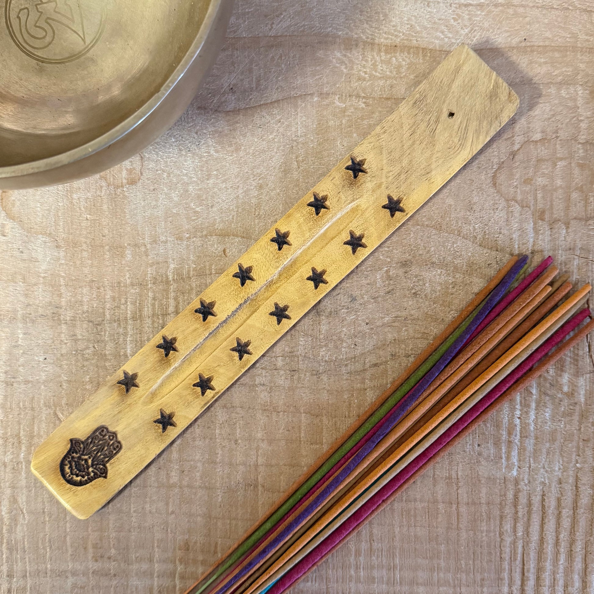 Natural mango wood incense ashcatcher with hand carved Hamsa design 26cm