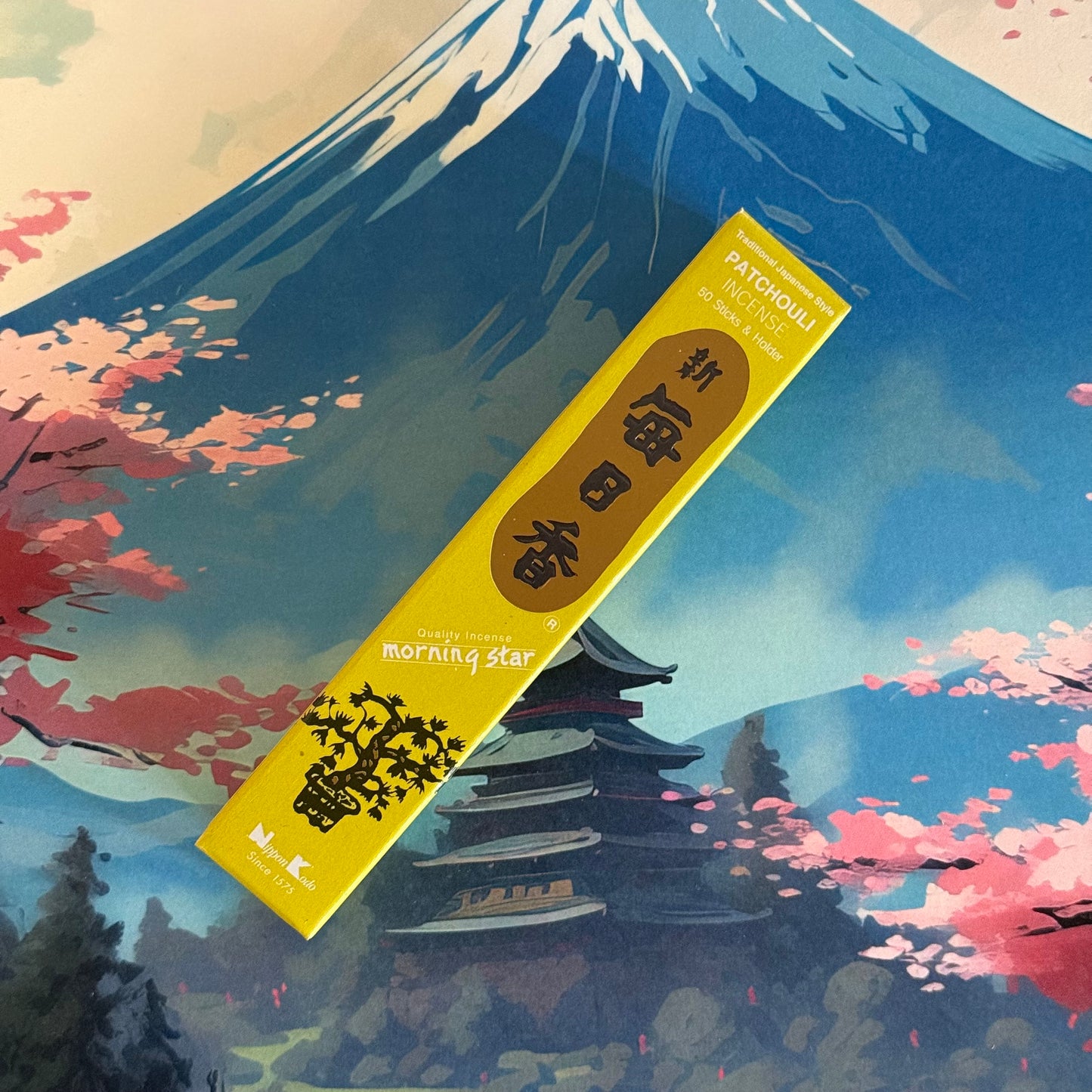 Morning Star Patchouli Japanese Incense Sticks, woody, earthy, bamboo-free, calming aroma, Nippon Kodo