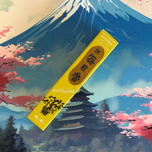 Morning Star Patchouli Japanese Incense Sticks, woody, earthy, bamboo-free, calming aroma, Nippon Kodo
