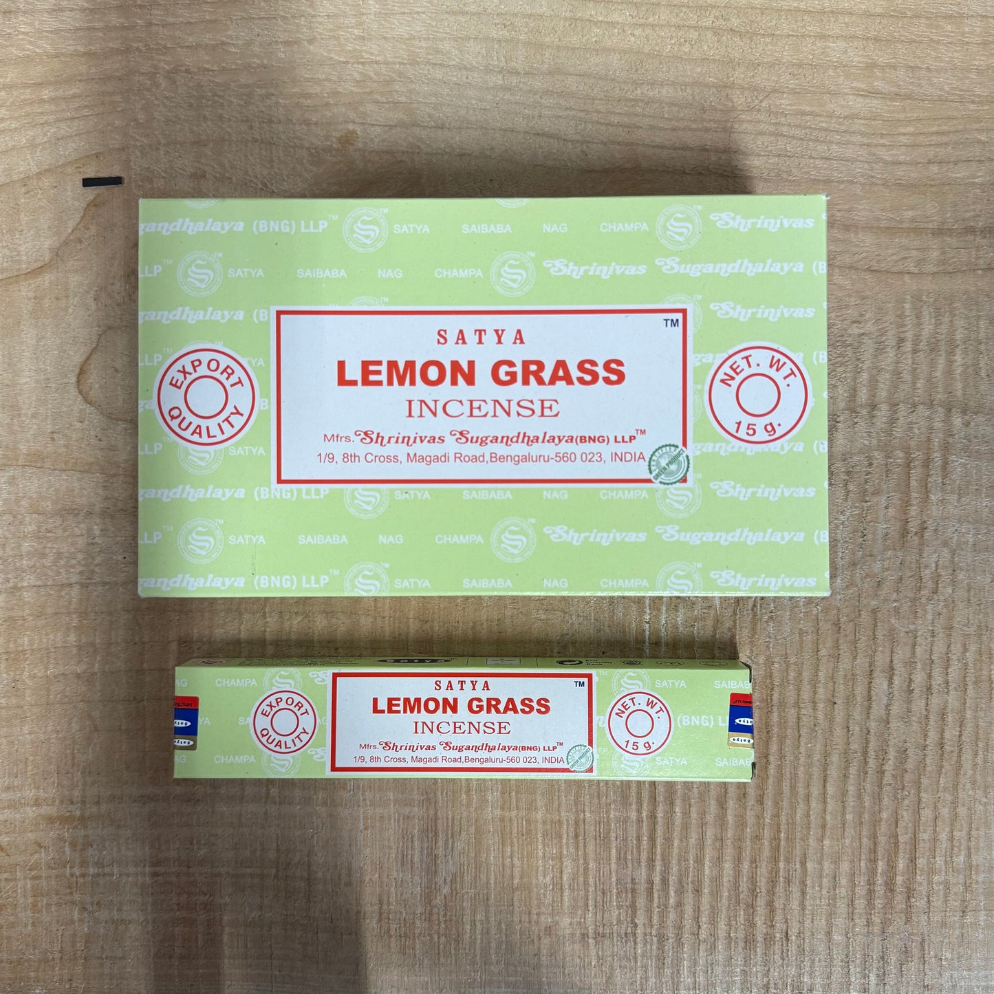 Satya Lemongrass Incense 15g box by Shrinivas Sugandhalaya, hand-rolled citrus incense sticks.
