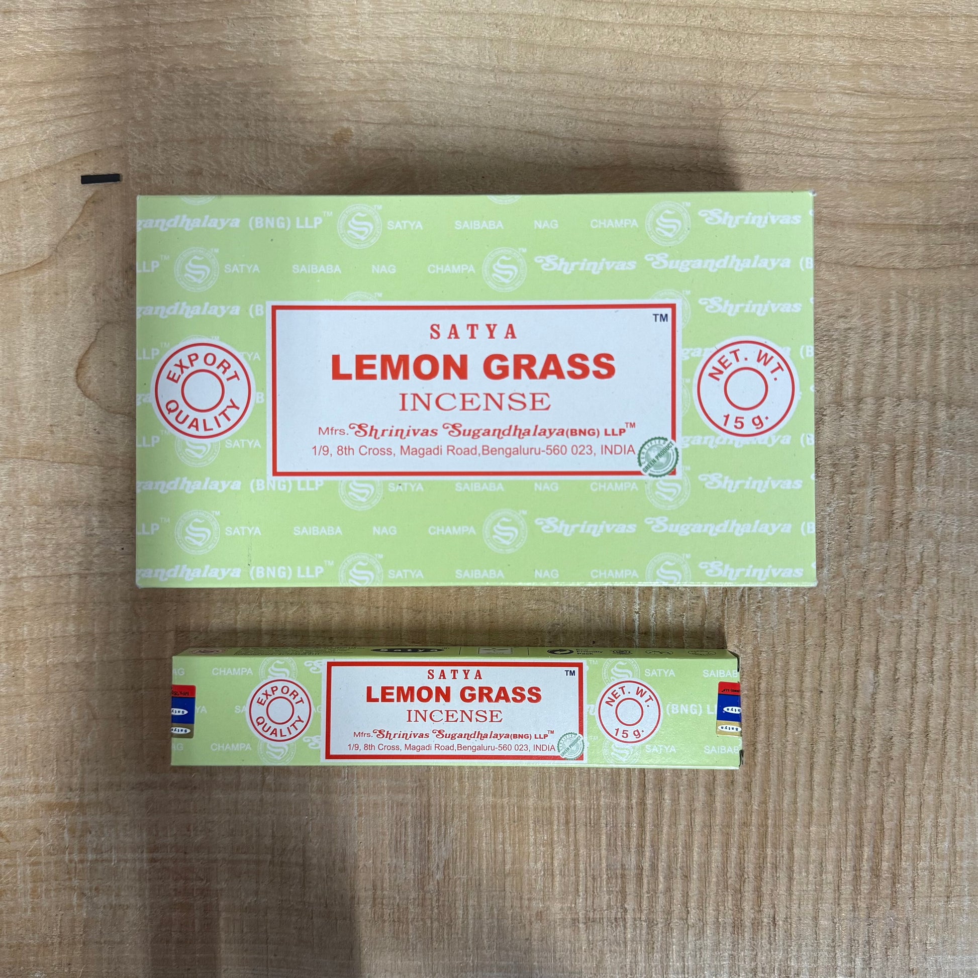 Satya Lemongrass Incense 15g box by Shrinivas Sugandhalaya, hand-rolled citrus incense sticks.
