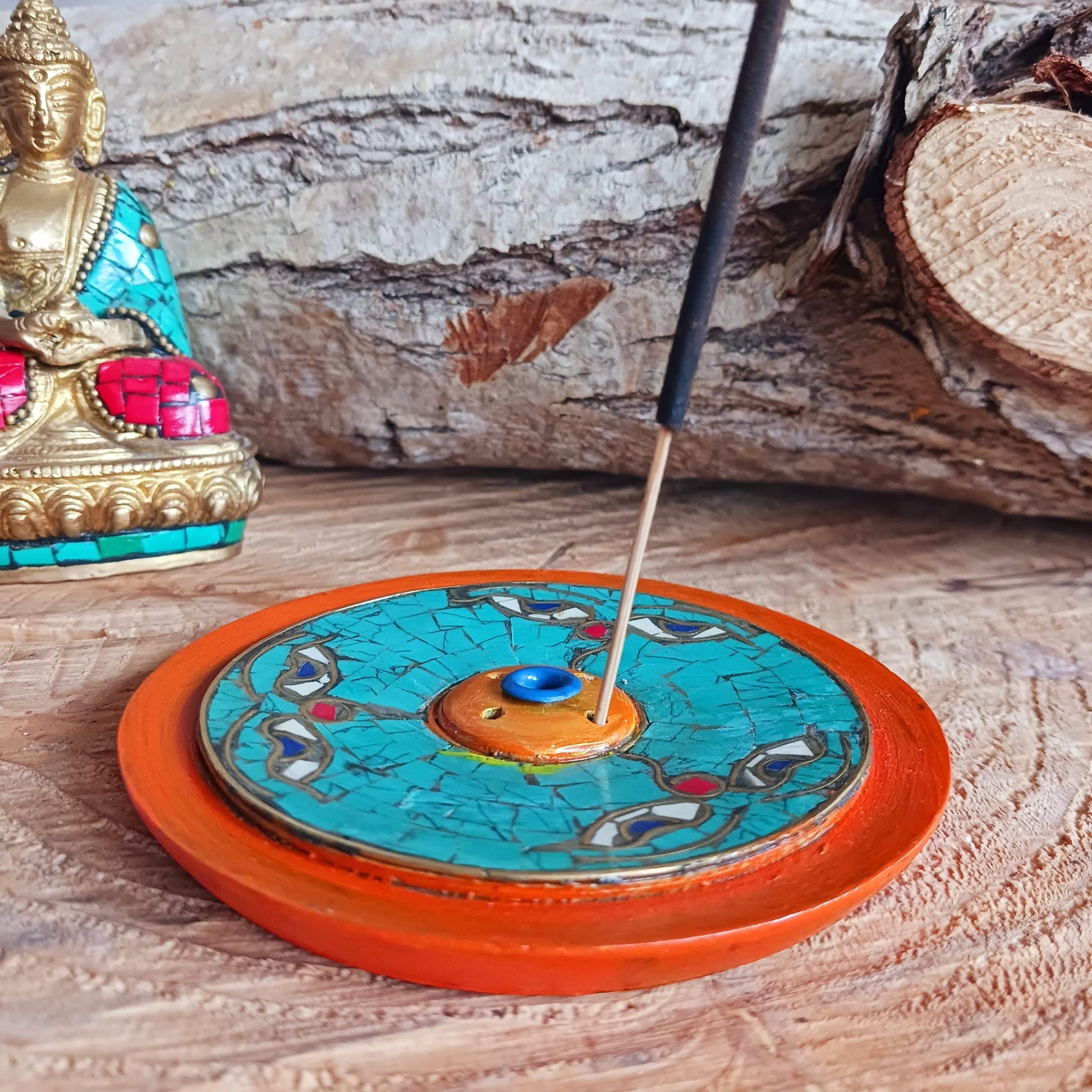 Buddha Eye Wood Incense Holder | Stone Inlay