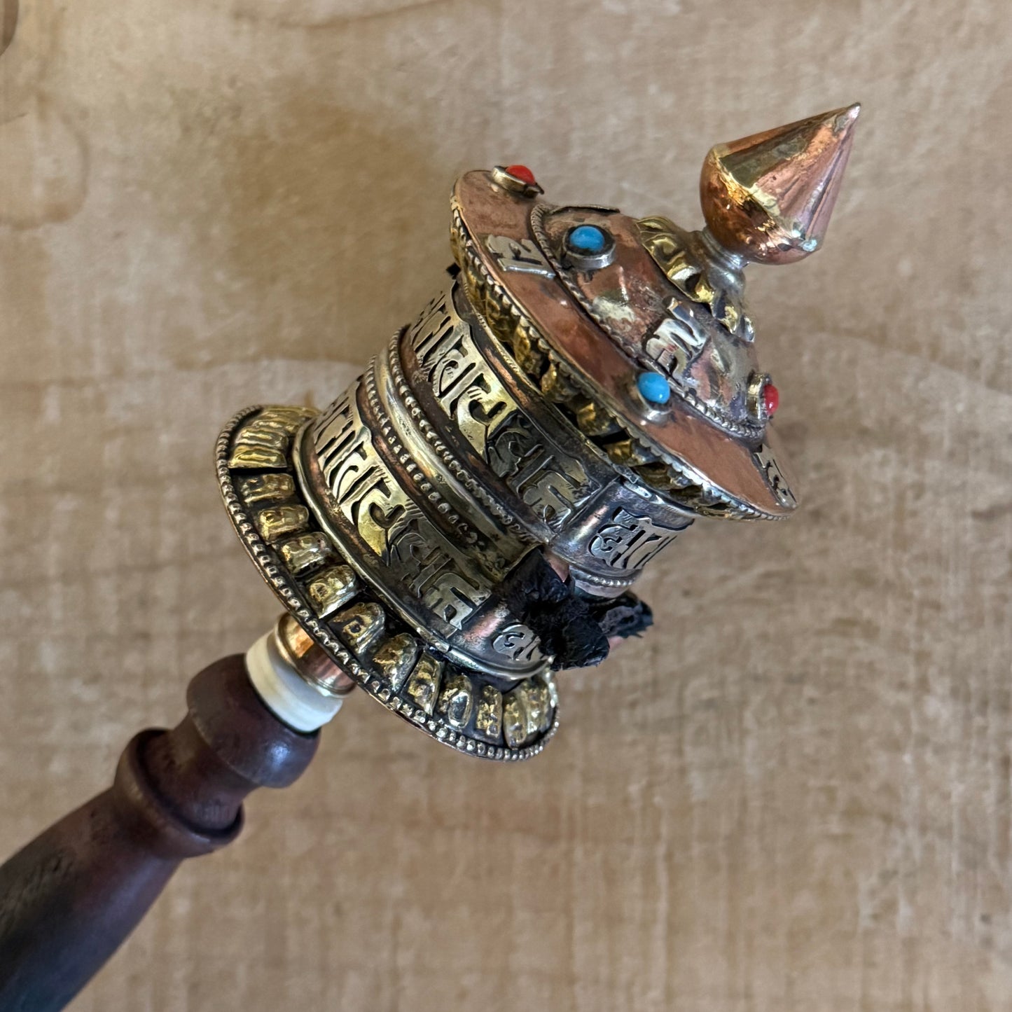 Medium Tibetan Prayer Wheel with Om Mani Padme Hum mantra scroll, hand-held Mani wheel from Nepal