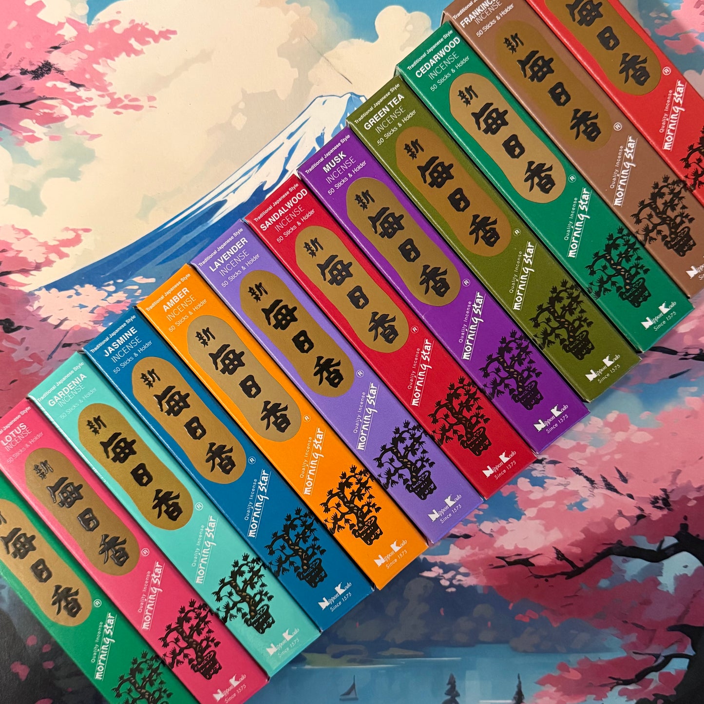 Morning Star Nippon Kodo Incense assortment set of 12 fragrances. Smokeless Japanese incense for meditation, altar use, and peaceful living.