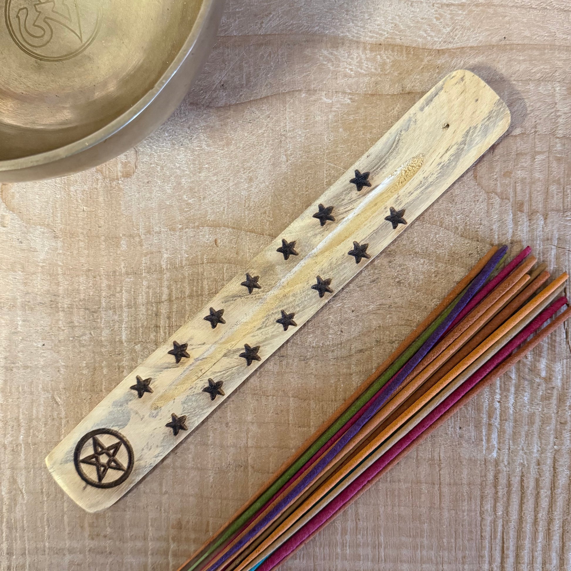 Natural mango wood incense stick holder with hand carved Pentacle design 26cm