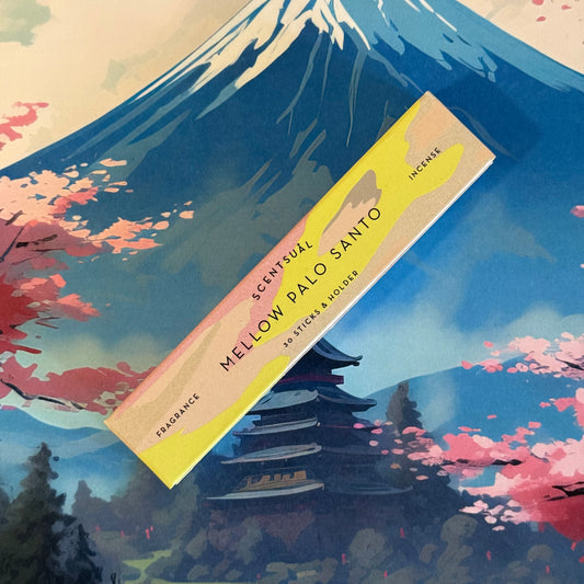 Scentsual Mellow Palo Santo Japanese Incense Sticks, bamboo-free, sweet-woody aroma, Nippon Kodo