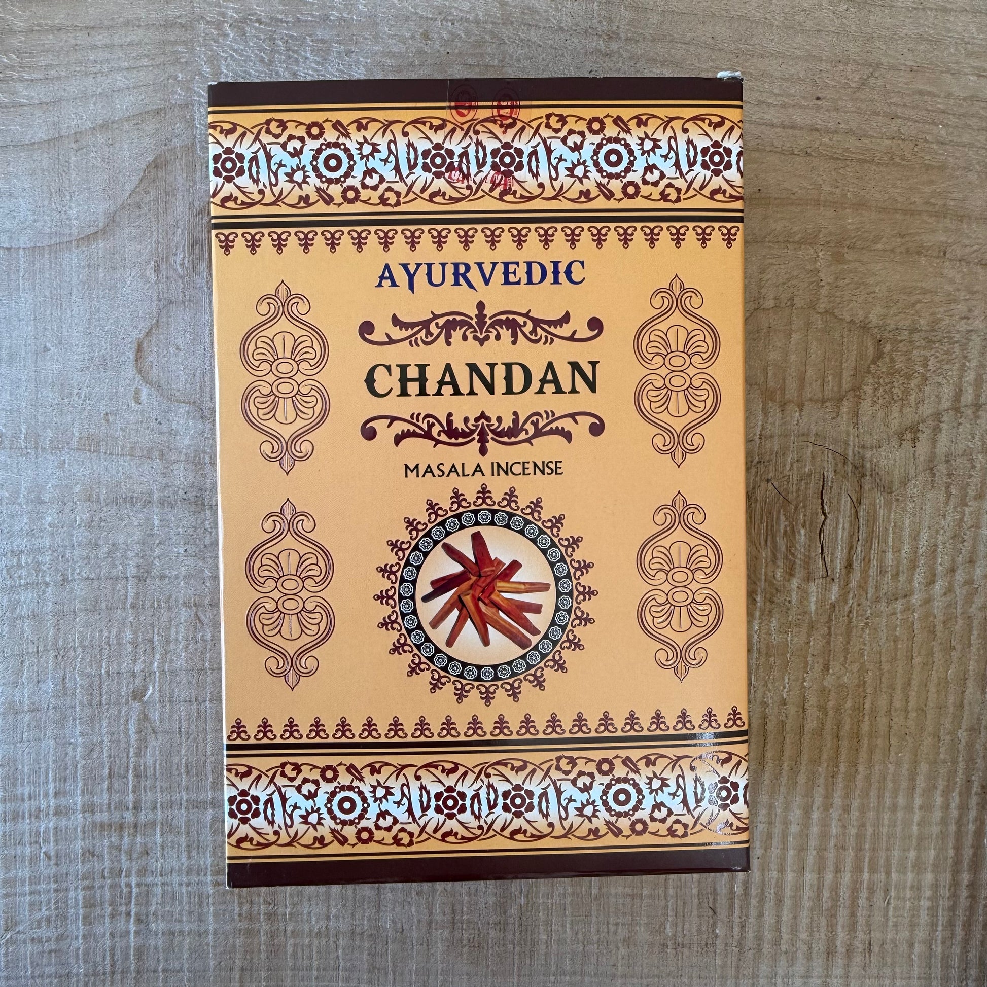 Ayurvedic Chandan sandalwood incense sticks. Natural masala incense for meditation, yoga, cleansing, and creating a calm, balanced atmosphere.