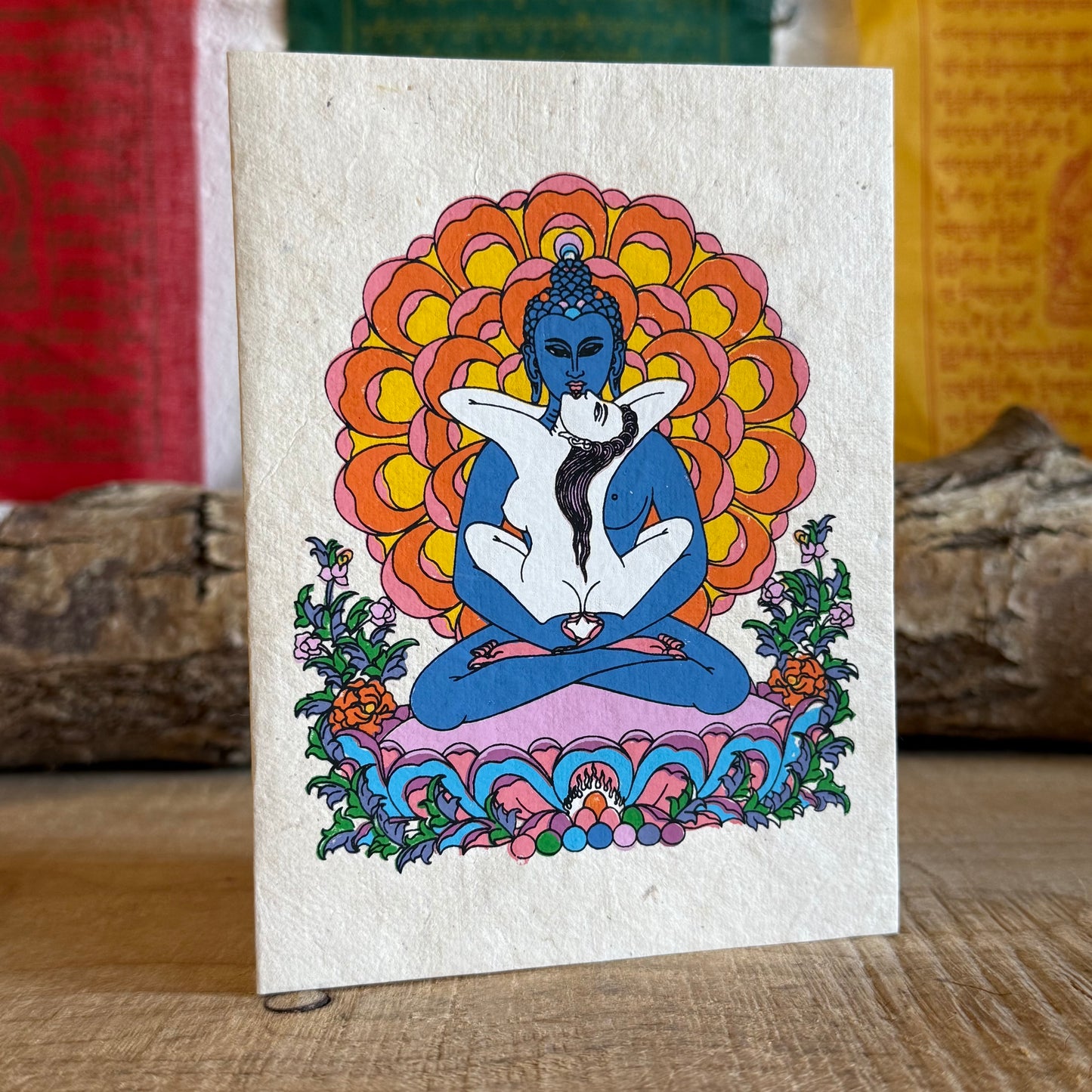 Beautifully coloured and decorated greetings card, made from Lokta paper. Lokta paper making is a traditional practice from the high altitude Himalayan forests of Nepal. The Lokta bush is a fast growing shrub and the paper making process helps to provide economic stability for some of Nepal's poorer rural people.

Buddhist design Lokta paper card with envelopes
Made from a sustainable plant source
Fair Trade from Nepal

Size: 15.5 x 11.5 cm