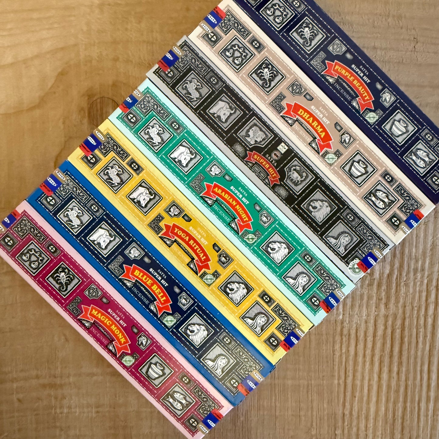 Satya Super Hit incense gift set with 7 assorted aromas. Seven 15g packs of hand-rolled masala incense for meditation and ritual us