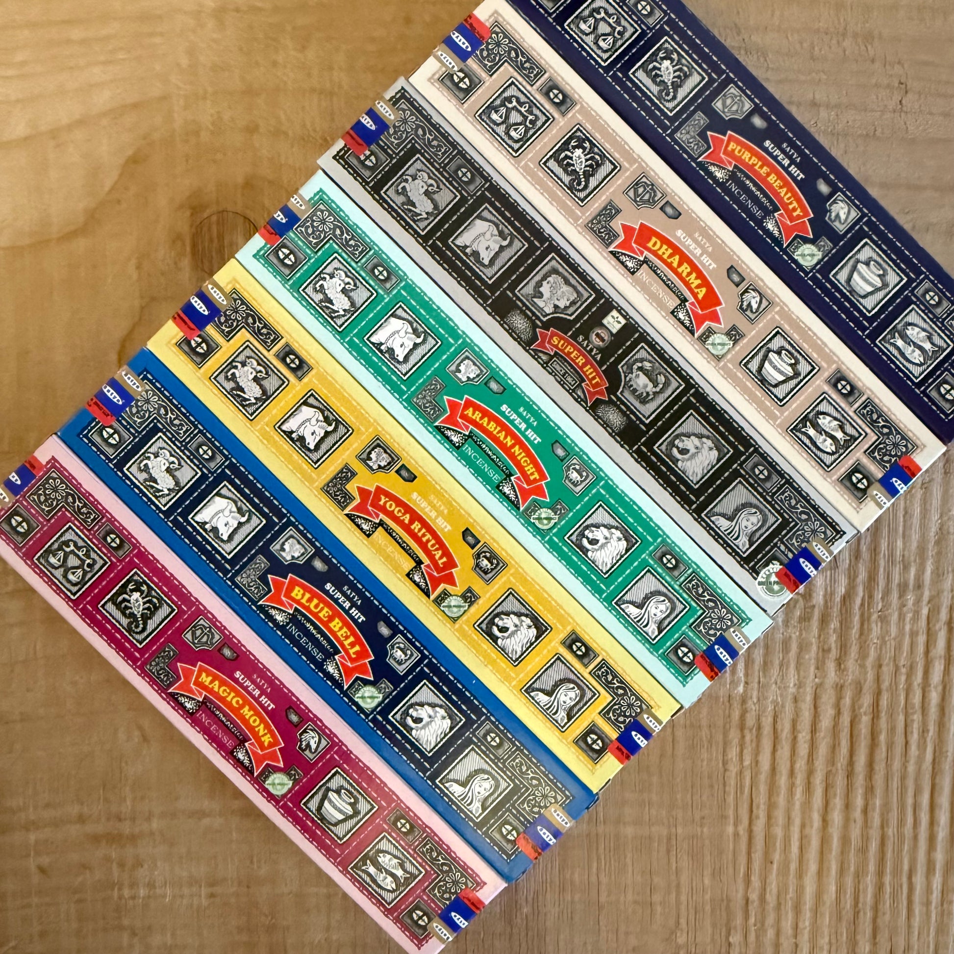 Satya Super Hit incense gift set with 7 assorted aromas. Seven 15g packs of hand-rolled masala incense for meditation and ritual us