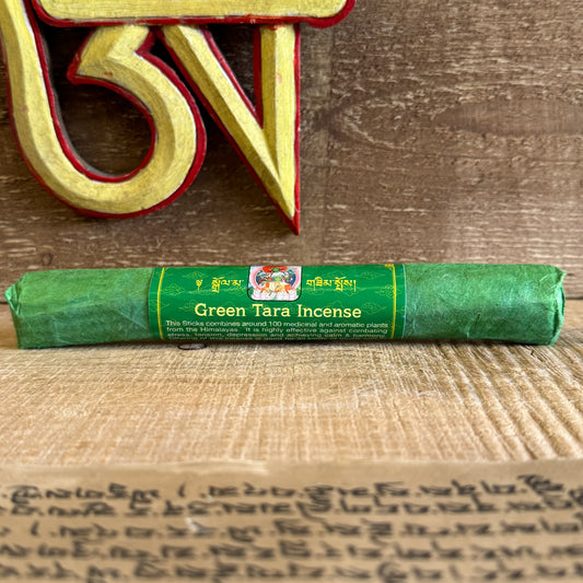 Call upon the compassionate energy of Green Tara.

This Green Tara Devotional Incense is handcrafted in Nepal using ancient Tibetan methods passed down through generations. Rolled by hand and wrapped in traditional Lokta paper, each stick is infused with pure Himalayan herbs and organic materials that soothe the mind and uplift the spirit.

Green Tara is known as the swift liberator—protector against fear, remover of obstacles, and granter of wishes. Burning this sacred incense during offerings or meditatio