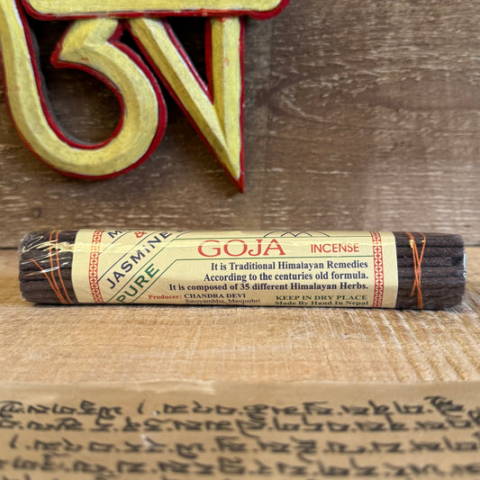 Dearest pilgrim of peace, the Chandra Devi Goja Tibetan Incense is a joyful union of opposites: earthy musk, grounding and steady, blended with sweet jasmine, light and playful. Enhanced by over 30 Himalayan herbs, this traditional incense offers a fragrance that is both soothing and uplifting, inviting the mind to rest and the heart to open.

This incense honors the Tibetan tradition—no bamboo core, no synthetic oils. Each stick is hand-rolled with mindful care, forming a rich herbal paste shaped and sun-d