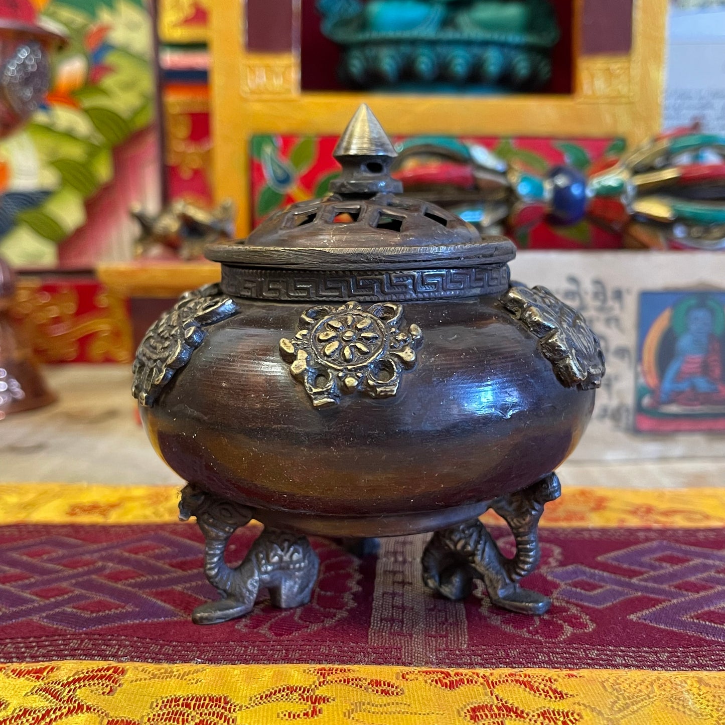 Brass Tibetan Incense Burner - Six Symbols Standing Pot