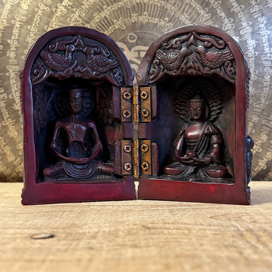 Handmade Buddhist folding altar Buddha Life Box. A Tibetan-style portable shrine depicting the life of the Buddha for meditation and ritual use.