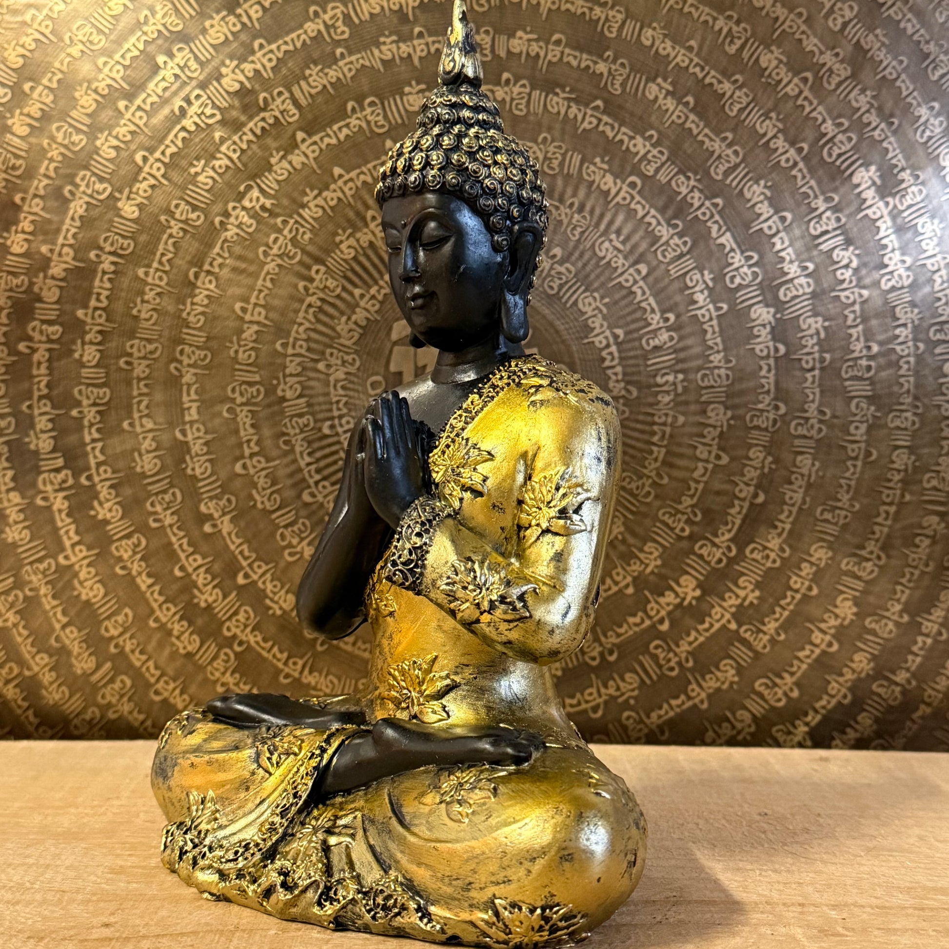 Praying Buddha Thai style antique finish statue 22 cm with Anjali mudra.