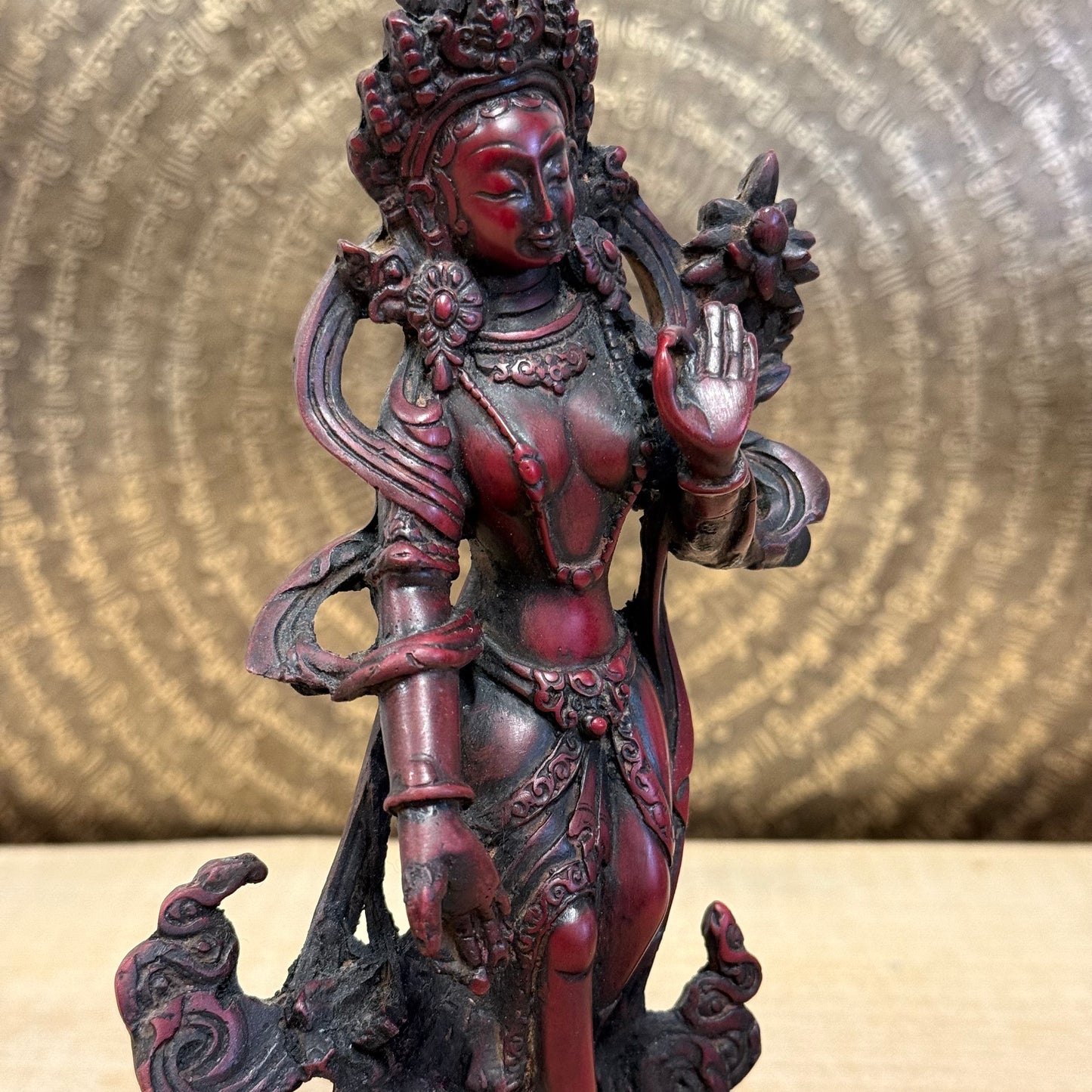 Standing Green Tara Buddha Resin Statue, 21cm, handcrafted in Nepal, Bodhisattva of compassion and wisdom.