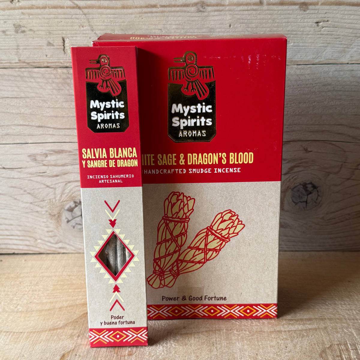 Two boxes of Mystic Spirits Aromas Salvia Blanca & Dragon's Blood handcrafted shruge incense, displayed on a light wood background.
