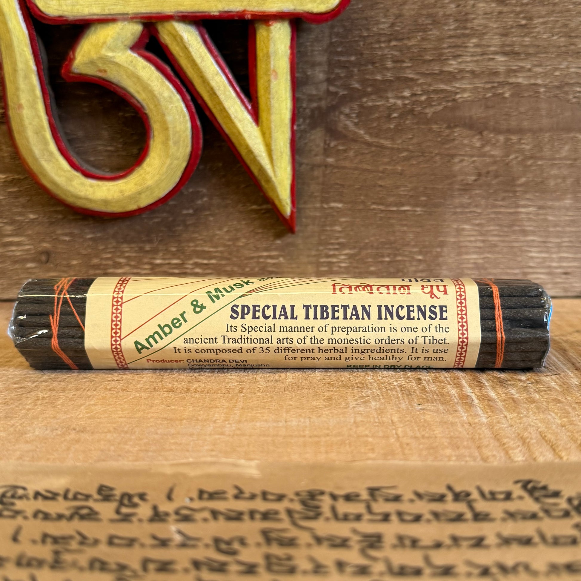 Beloved friend on the path, the Chandra Devi Amber &amp; Musk Tibetan Incense is a fragrant embodiment of the sacred balance between earth and spirit. Prepared with devotion in accordance with an ancient Tibetan monastic recipe, it combines amber, musk, and over 33 healing herbs into a deeply grounding yet subtly sweet aromatic experience.

The scent unfolds slowly—first, the warm, honey-like sweetness of amber arises. Then, the earthy, grounding notes of musk follow, anchoring your awareness and calming th