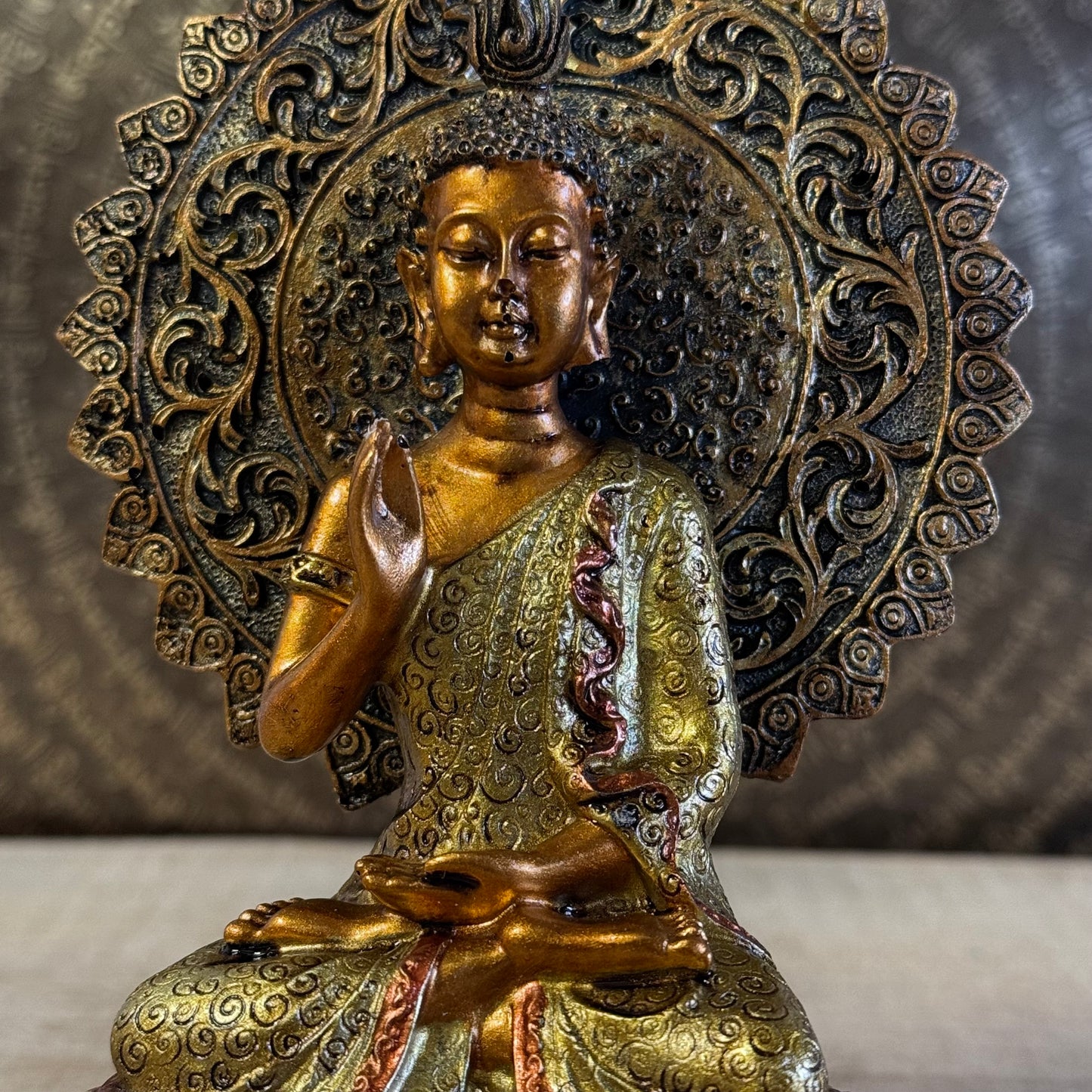 Buddha of Reassurance statue 18.5 cm with Abhaya Mudra, halo, and throne.