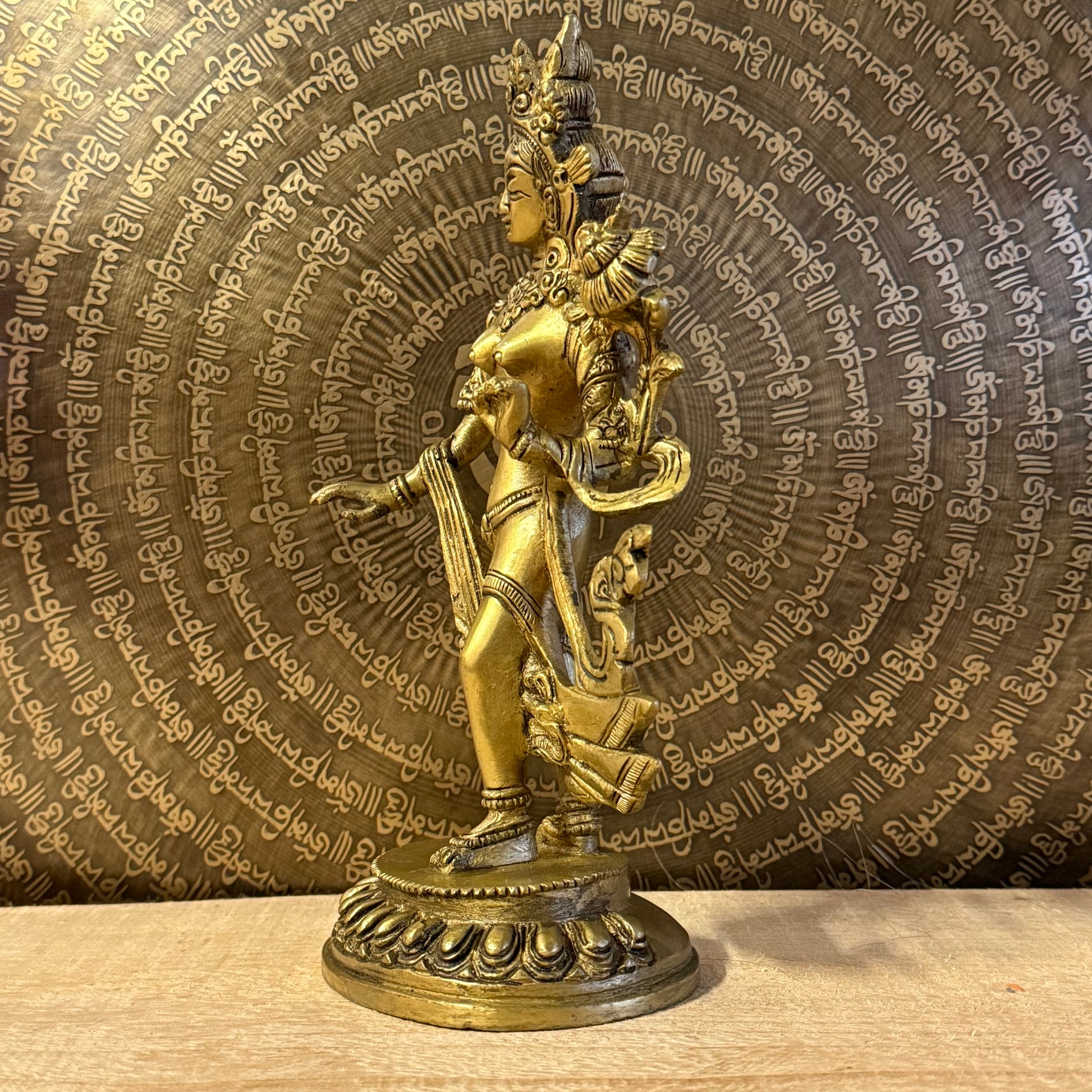 Traditional 23cm Green Tara brass statue for meditation, protection, and Buddhist practice. Handcrafted figure symbolising compassion and obstacle removal.