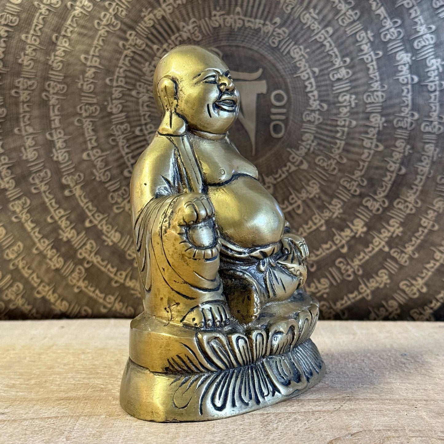 3 cm Laughing Buddha brass statue – Budai symbol of happiness and abundance.