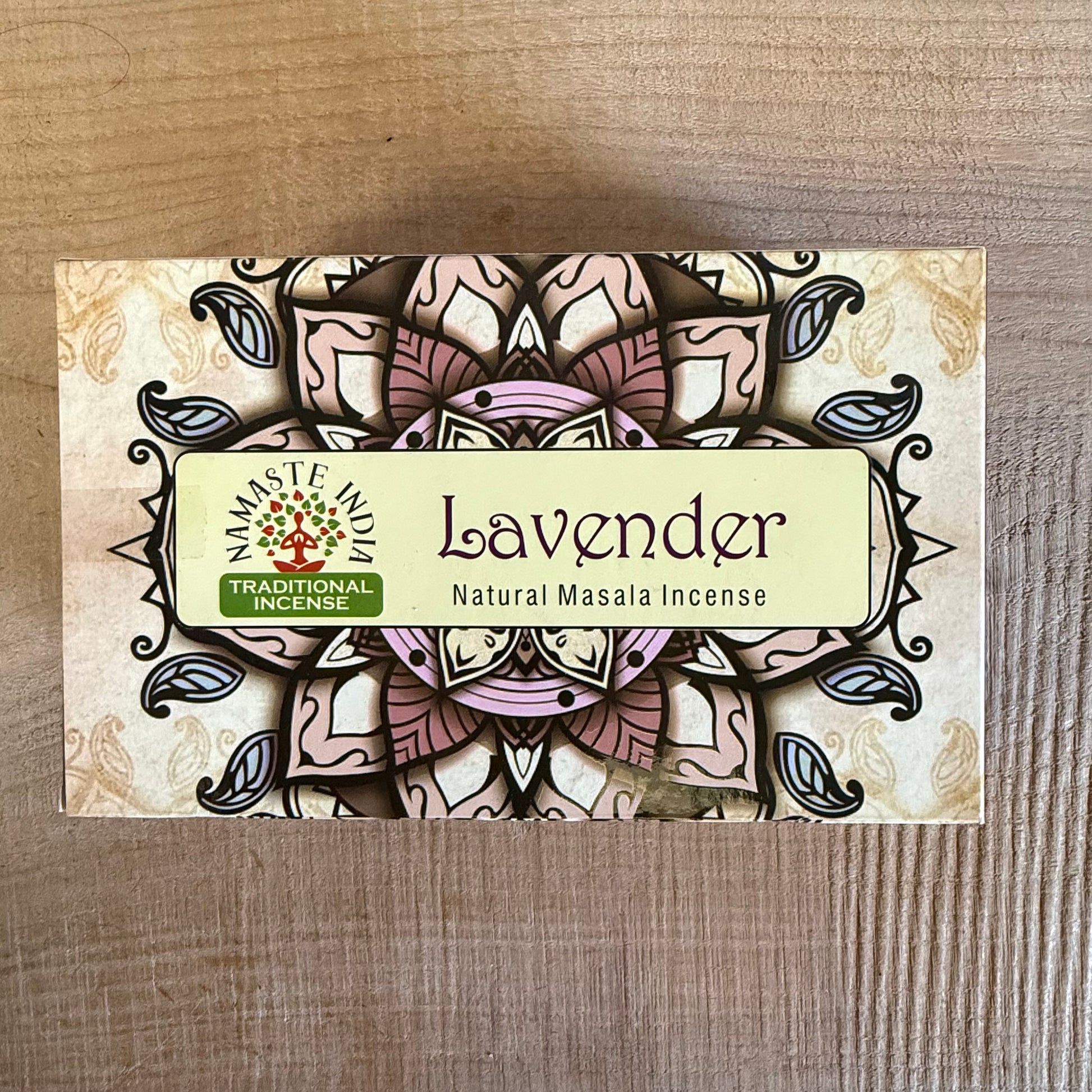 Lavender incense sticks by Namaste India. Calming floral aroma ideal for relaxation, meditation, rituals, and peaceful spaces.