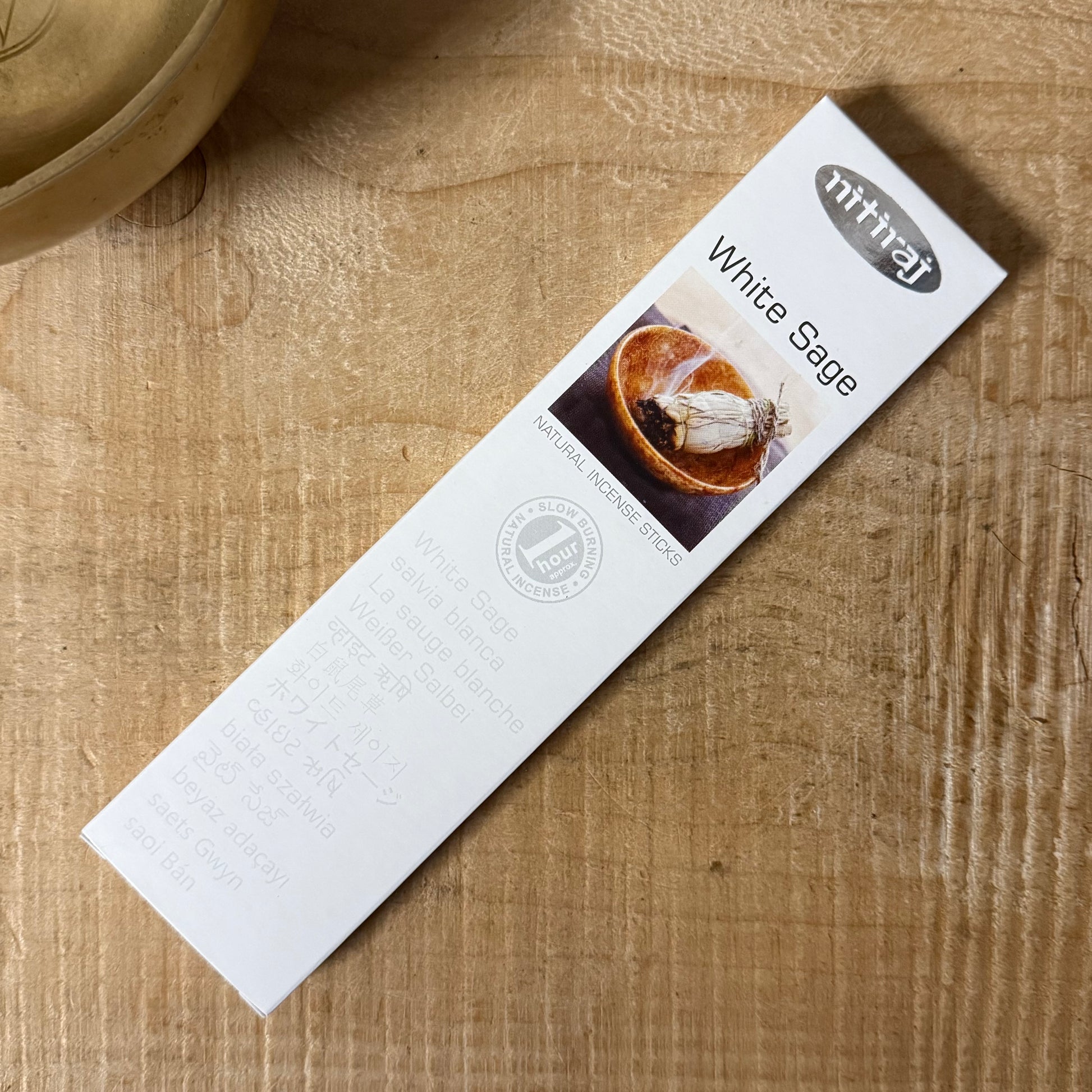 Nitiraj Platinum White Sage incense sticks. Fairtrade, slow-burning ritual incense for cleansing, purification, protection, and meditation.