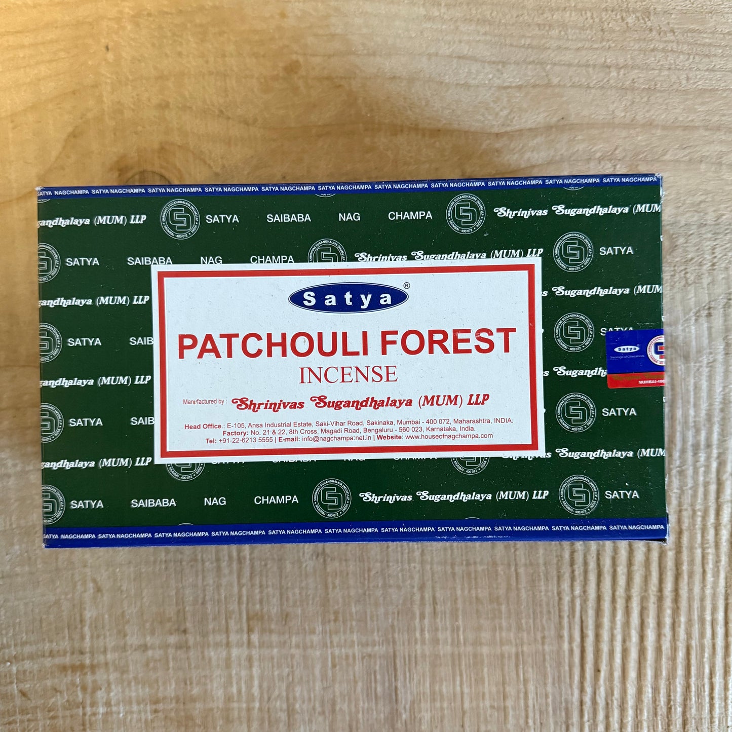Satya Patchouli Forest incense from India. Hand-rolled Nag Champa sticks with sandalwood and patchouli oils for meditation, rituals, and home ambiance.