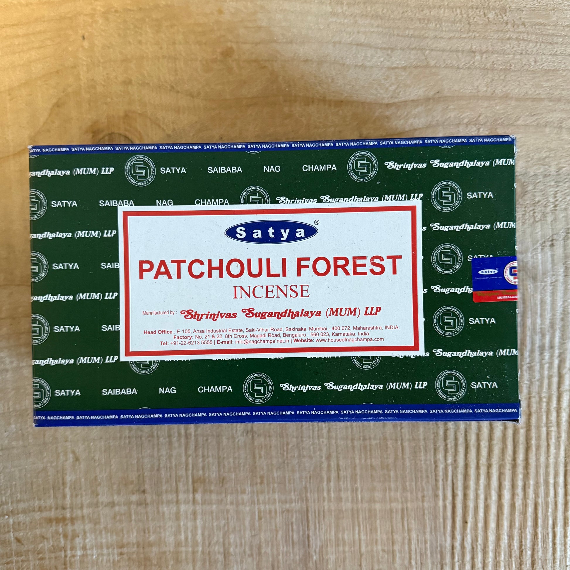 Satya Patchouli Forest incense from India. Hand-rolled Nag Champa sticks with sandalwood and patchouli oils for meditation, rituals, and home ambiance.