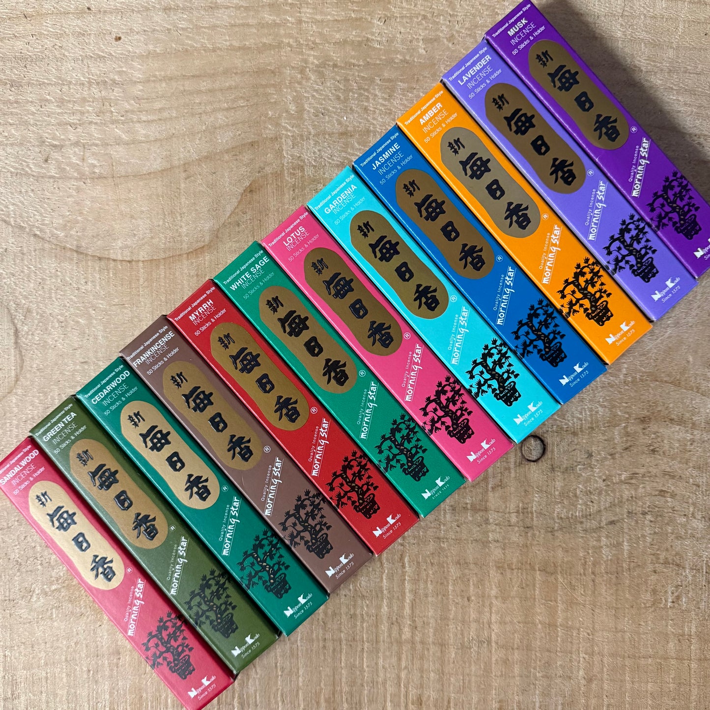Morning Star Nippon Kodo Incense assortment set of 12 fragrances. Smokeless Japanese incense for meditation, altar use, and peaceful living.